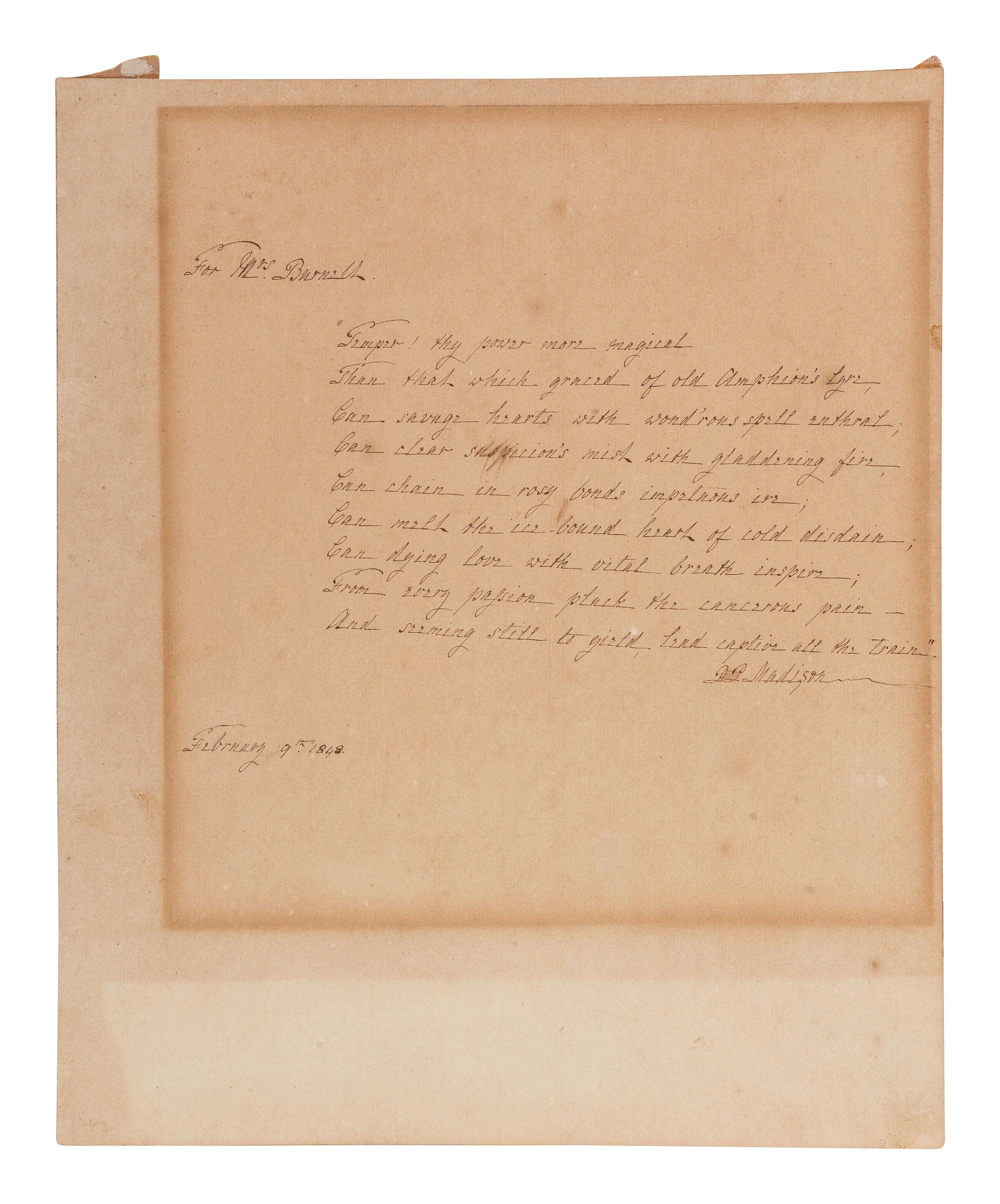 MADISON, Dolley P. (1768-1849). Autograph quote signed ("D.P. Madison"). 9 February 1848.