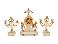 A Louis XVI Style Gilt Bronze and Marble Clock Garniture
