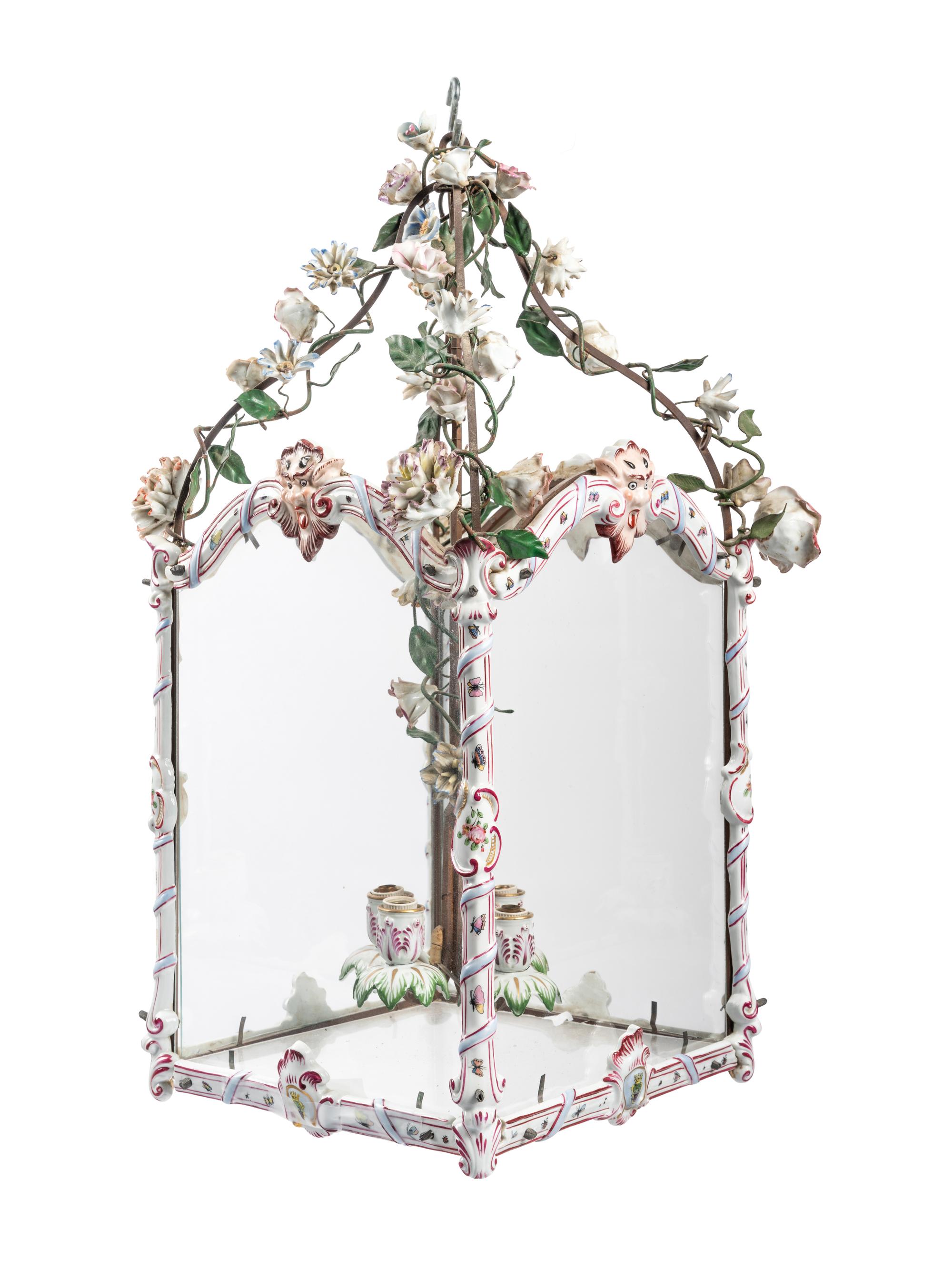 A French Gilt Metal, Porcelain and Tôle Four-Light Lantern