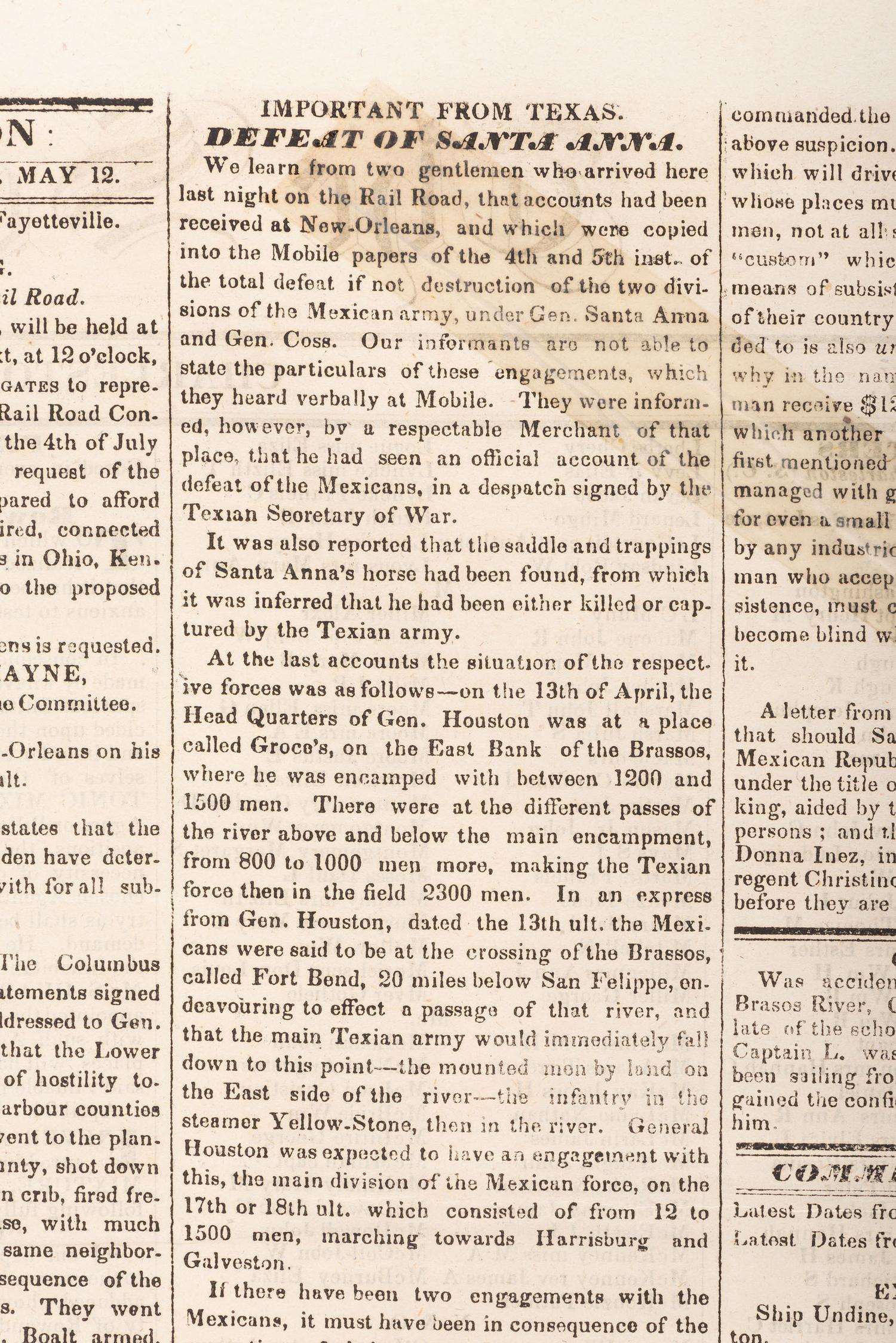 [TEXAS REVOLUTION] Charleston Southern Patriot . Vol. XXXV, No. 56,589. Charleston, SC: 12 May 1836