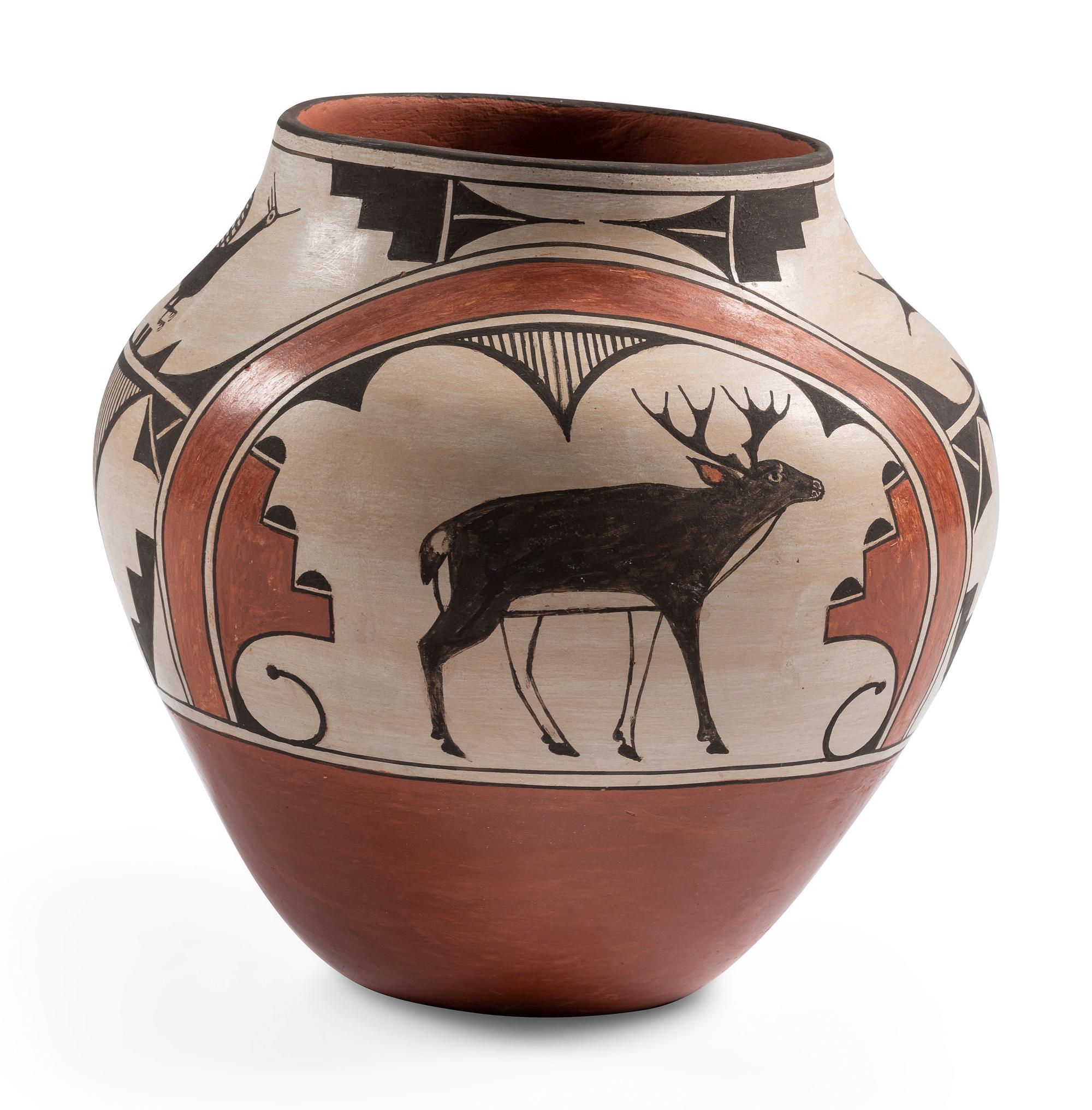 Polychrome Pottery Jar, with Deer and Birds