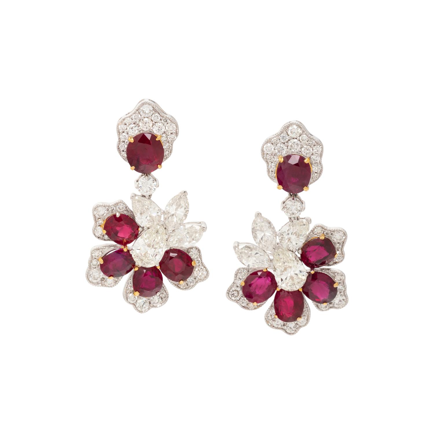 UNHEATED BURMESE RUBY AND DIAMOND FLOWER EARRINGS