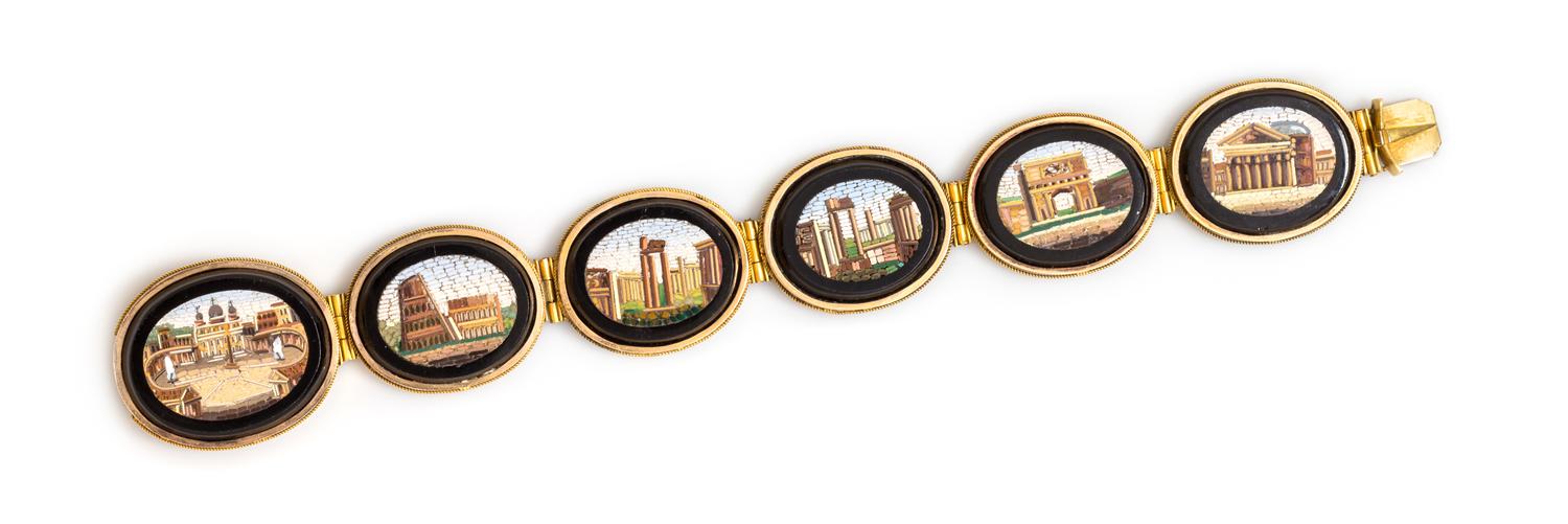 A Victorian Grand Tour Yellow Gold and Micromosaic Bracelet, 30.20 dwts.