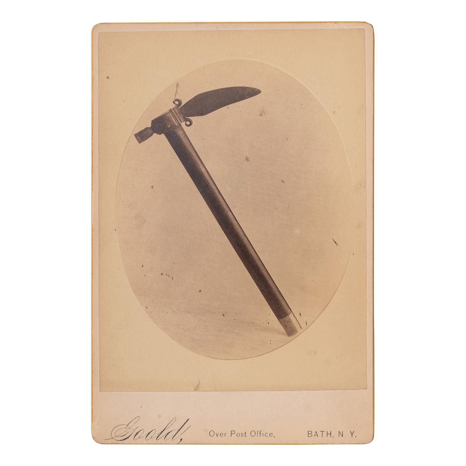 [NATIVE AMERICANS]. Cabinet photograph of the tomahawk of John Mohawk, stolen and used by Moses Van Campen in 1780. Bath, New York: Goold, 1888.