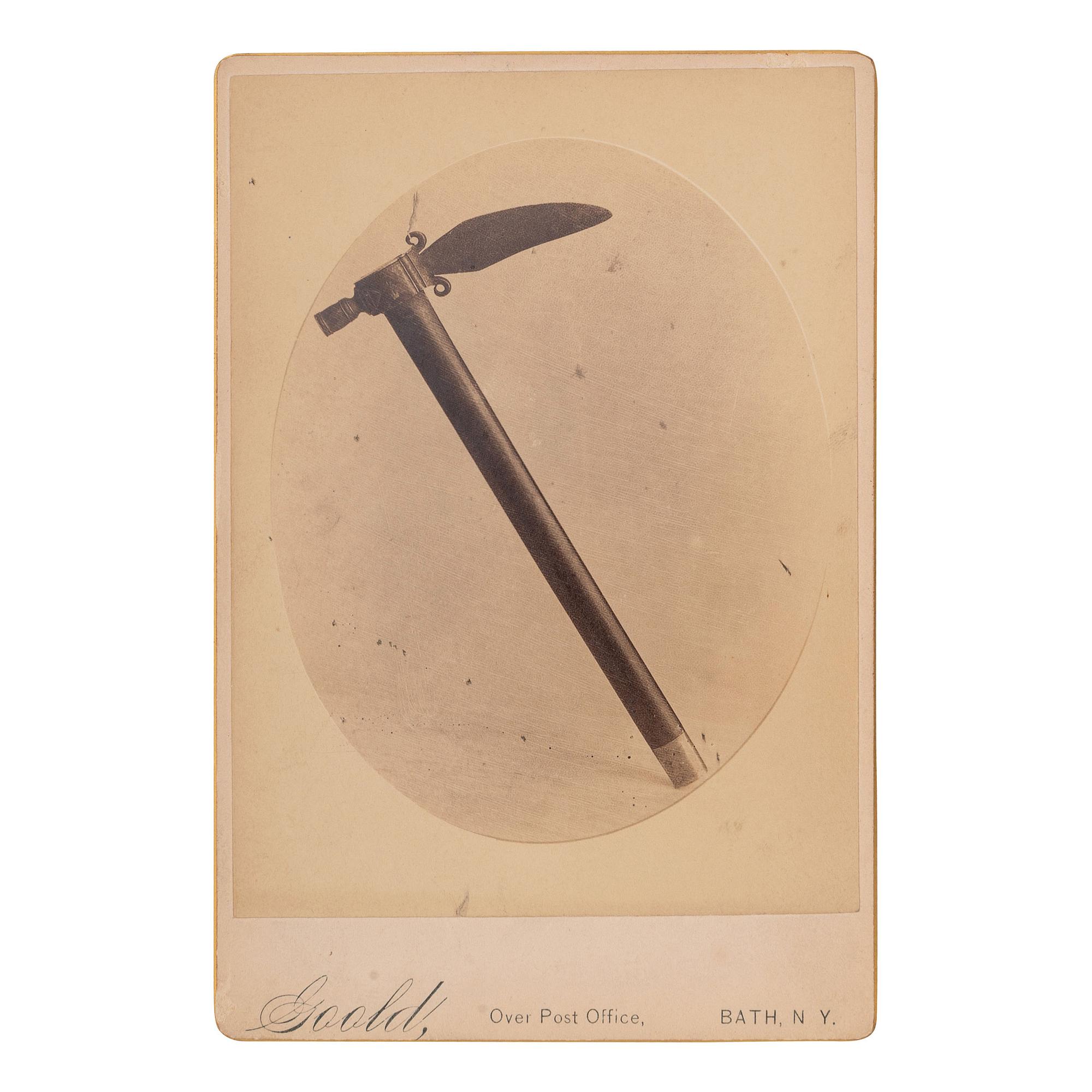 [NATIVE AMERICANS]. Cabinet photograph of the tomahawk of John Mohawk, stolen and used by Moses Van Campen in 1780. Bath, New York: Goold, 1888.