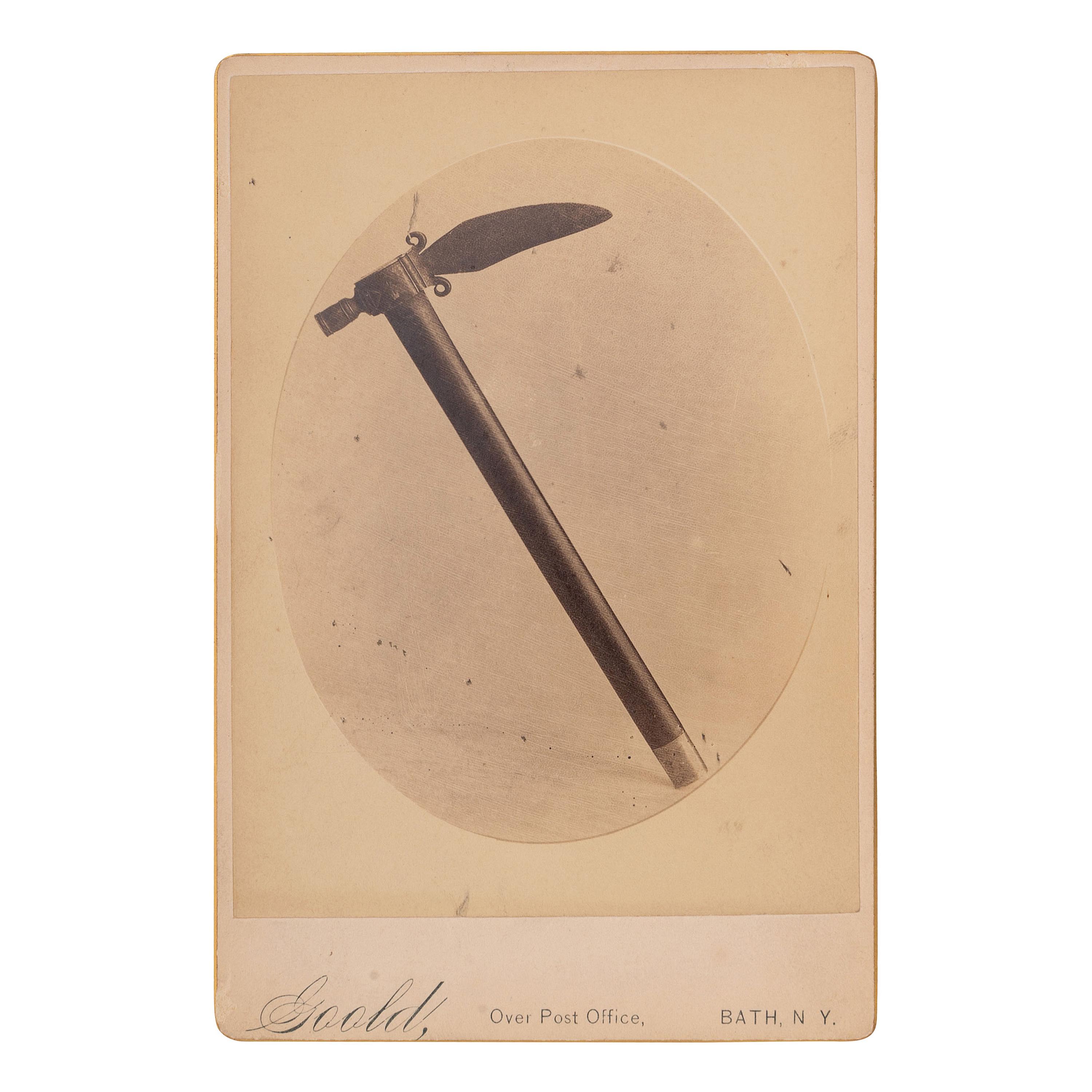 [NATIVE AMERICANS]. Cabinet photograph of the tomahawk of John Mohawk, stolen and used by Moses Van Campen in 1780. Bath, New York: Goold, 1888.