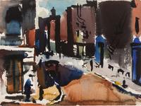 Three works: Harbor Scene; Street Scene and Docked Boat