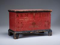 A Soap Hollow Red-Black and Gilt, Stencil-Decorated Poplar and Pine Miniature Blanket Chest