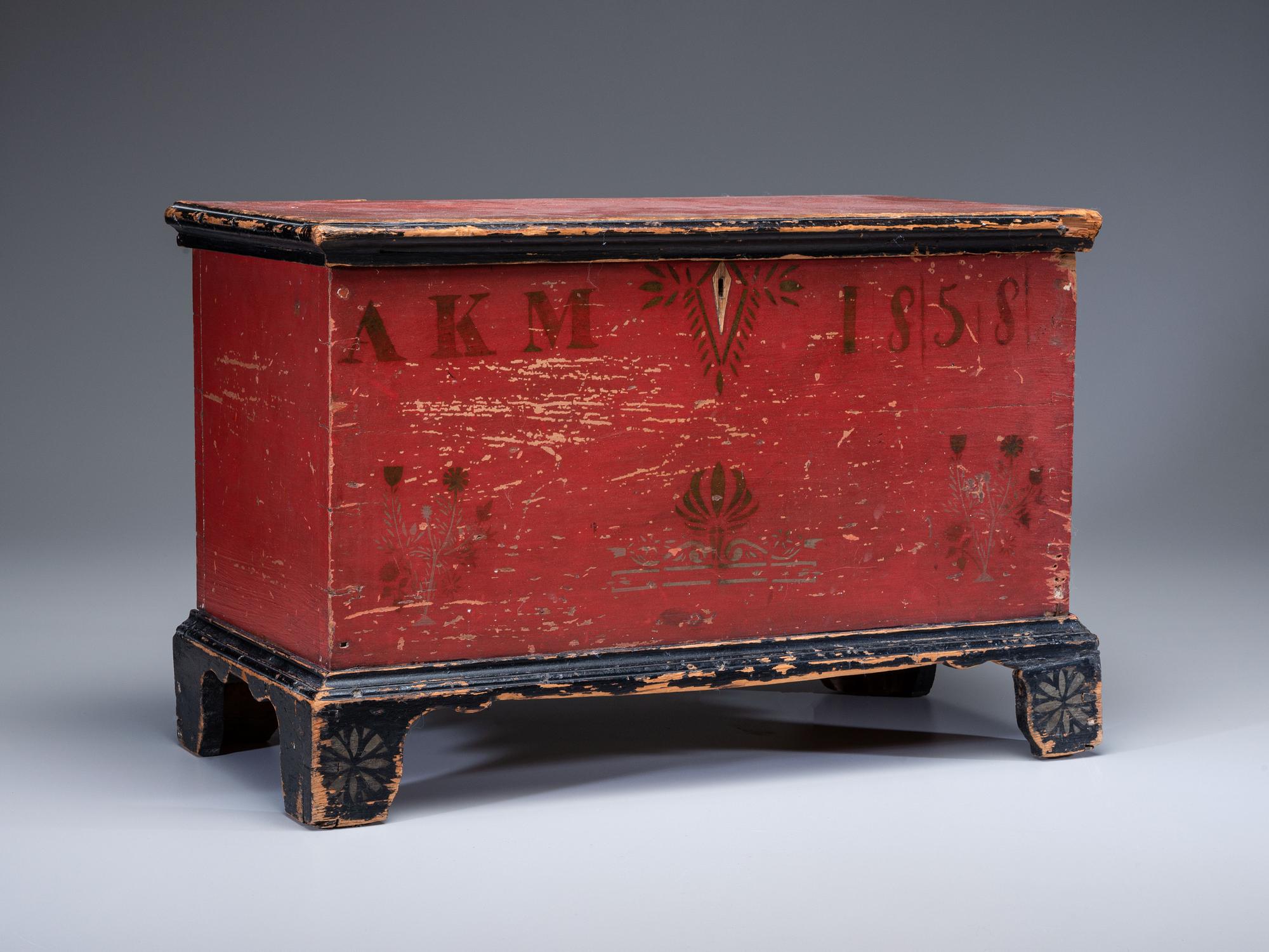 A Soap Hollow Red-Black and Gilt, Stencil-Decorated Poplar and Pine Miniature Blanket Chest