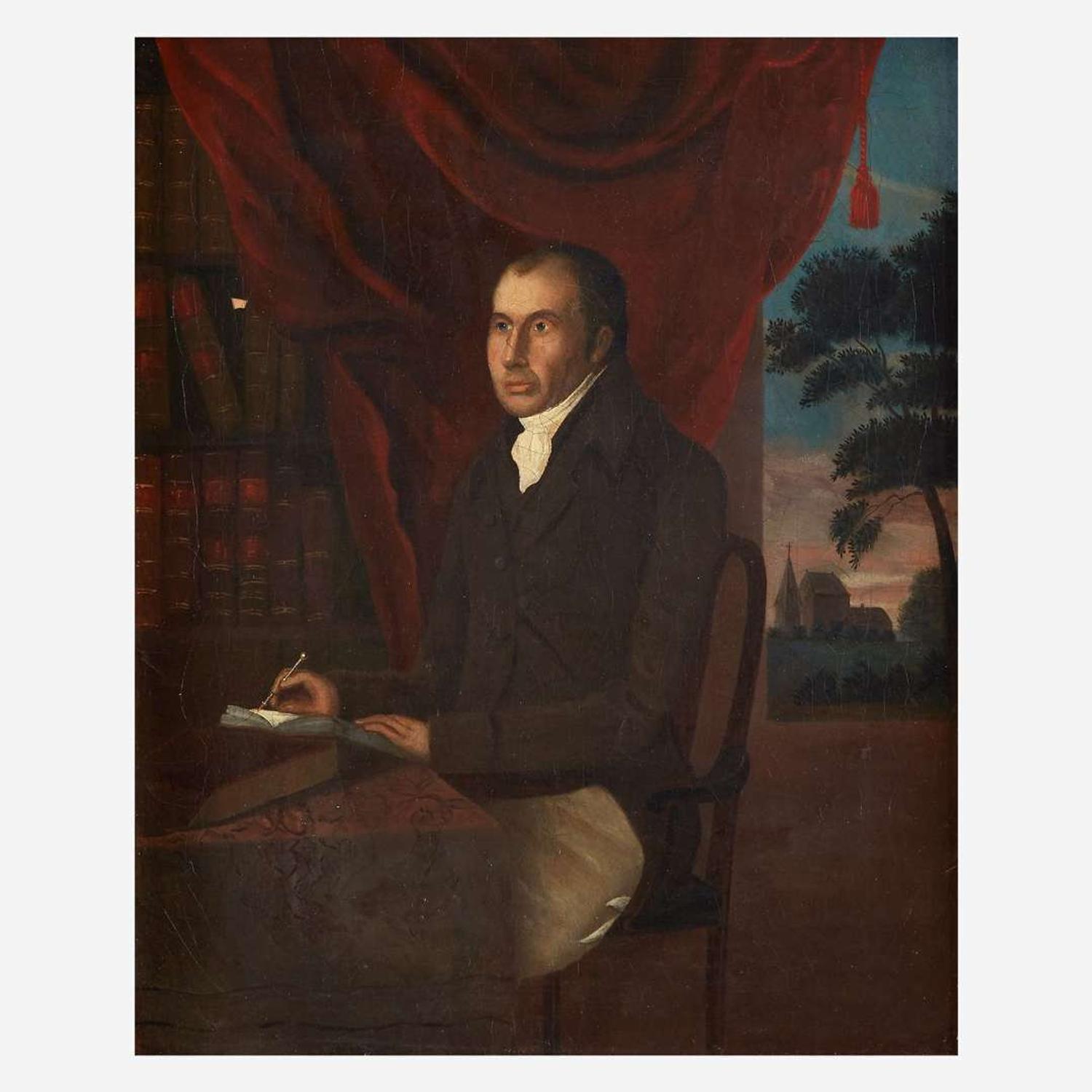 English School 18th century Two Works: Portrait of a Reverend and Small Portrait of a Gentleman Seated in His Library, circa 1795