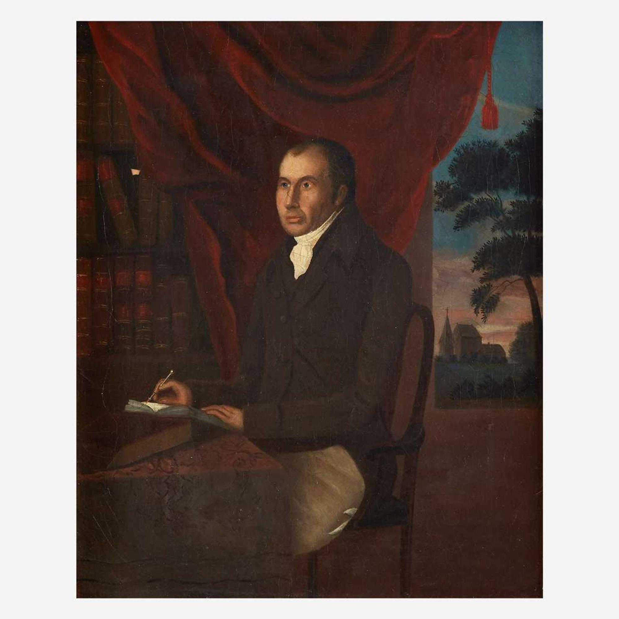 English School 18th century Two Works: Portrait of a Reverend and Small Portrait of a Gentleman Seated in His Library, circa 1795