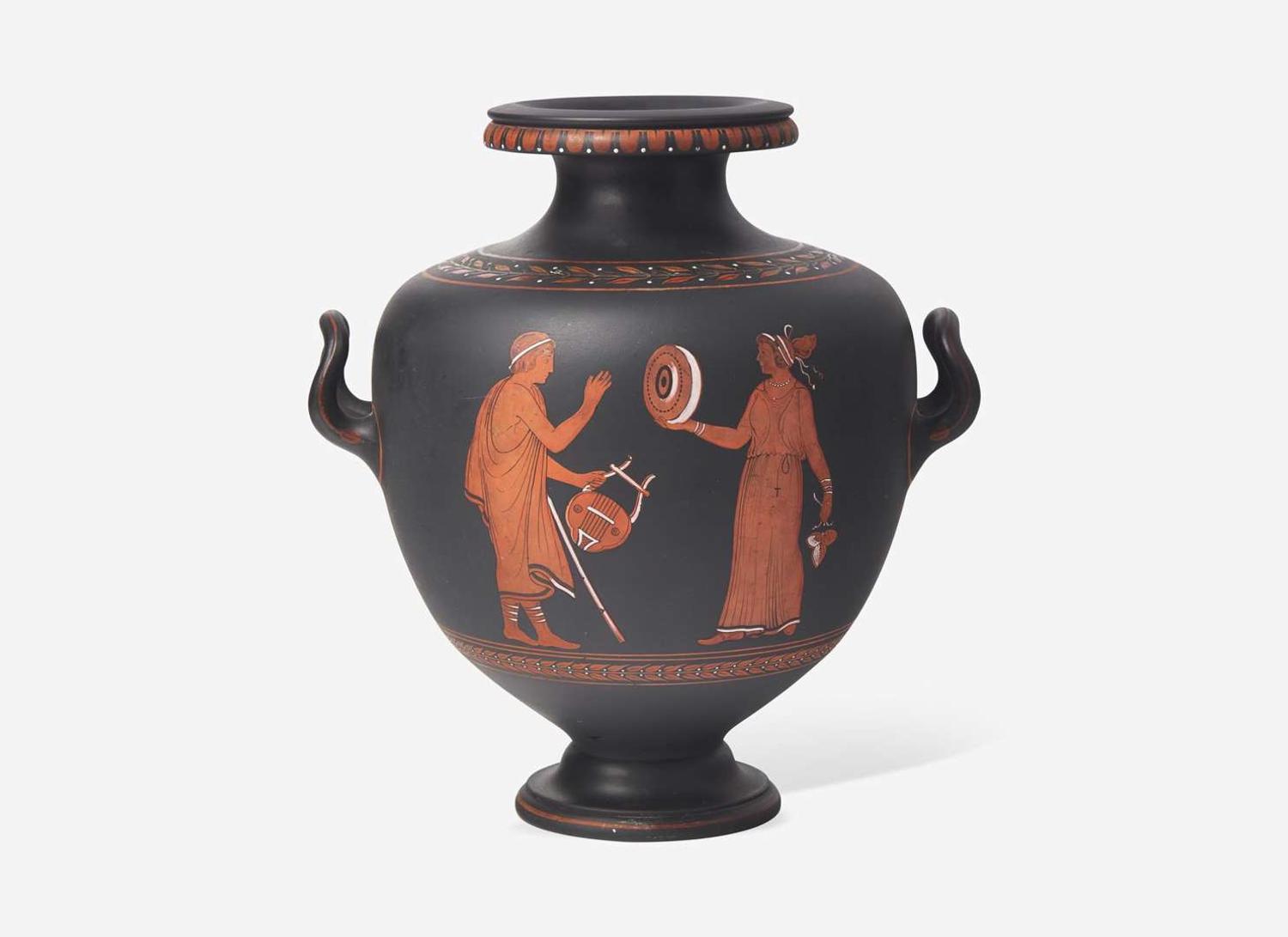 A Wedgwood Encaustic Decorated Black Basalt Handled Vase, UK, circa 1800