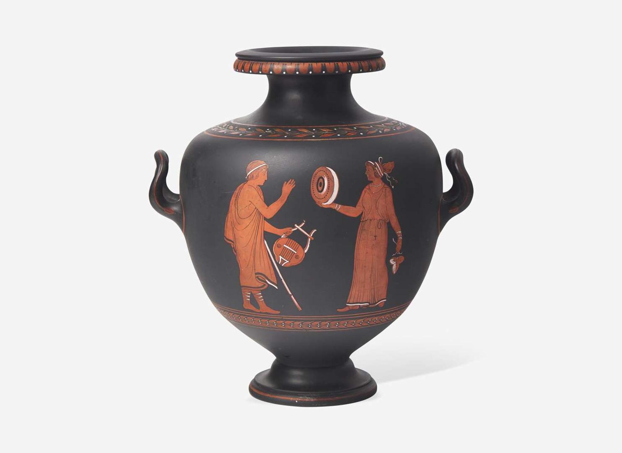 A Wedgwood Encaustic Decorated Black Basalt Handled Vase, UK, circa 1800