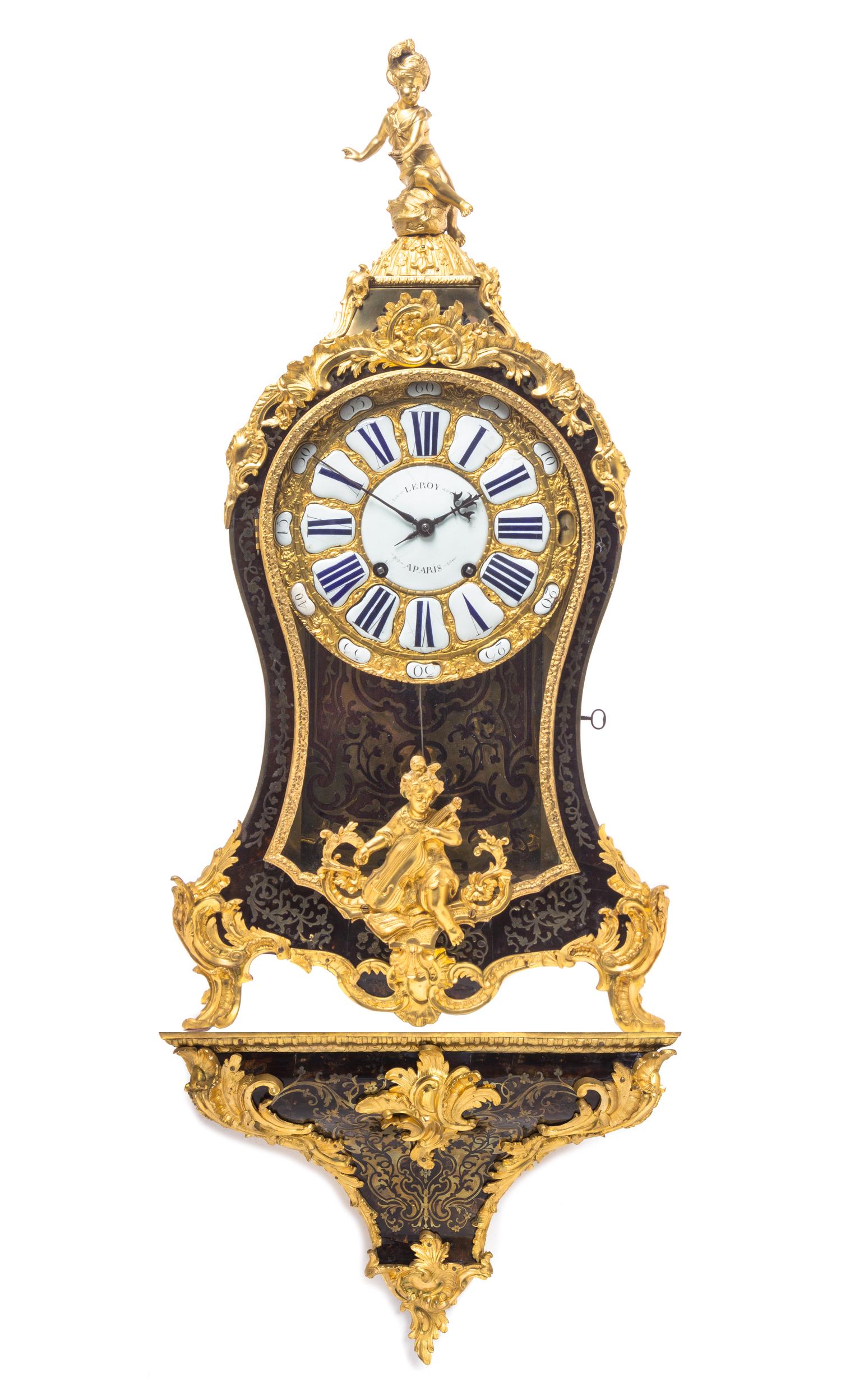 A Louis XV Gilt Bronze Mounted Boulle Marquetry Bracket Clock, FIRST HALF 18TH CENTURY, LE ROY, A PARIS, Height 34 1/2 inches. — FIRST HALF 18TH CENTURY, LE ROY, A PARIS,