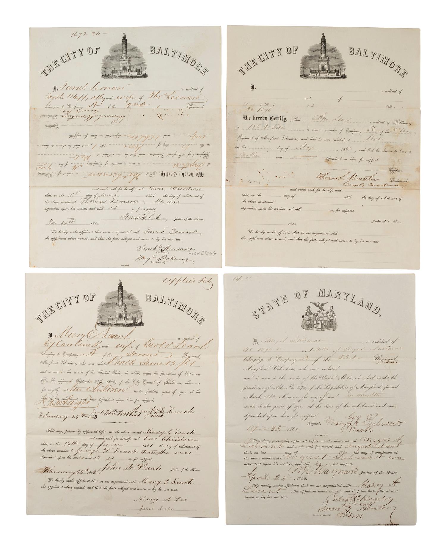 [CIVIL WAR-MARYLAND]. Applications for support & pre-war bonds of appropriations for miltias.