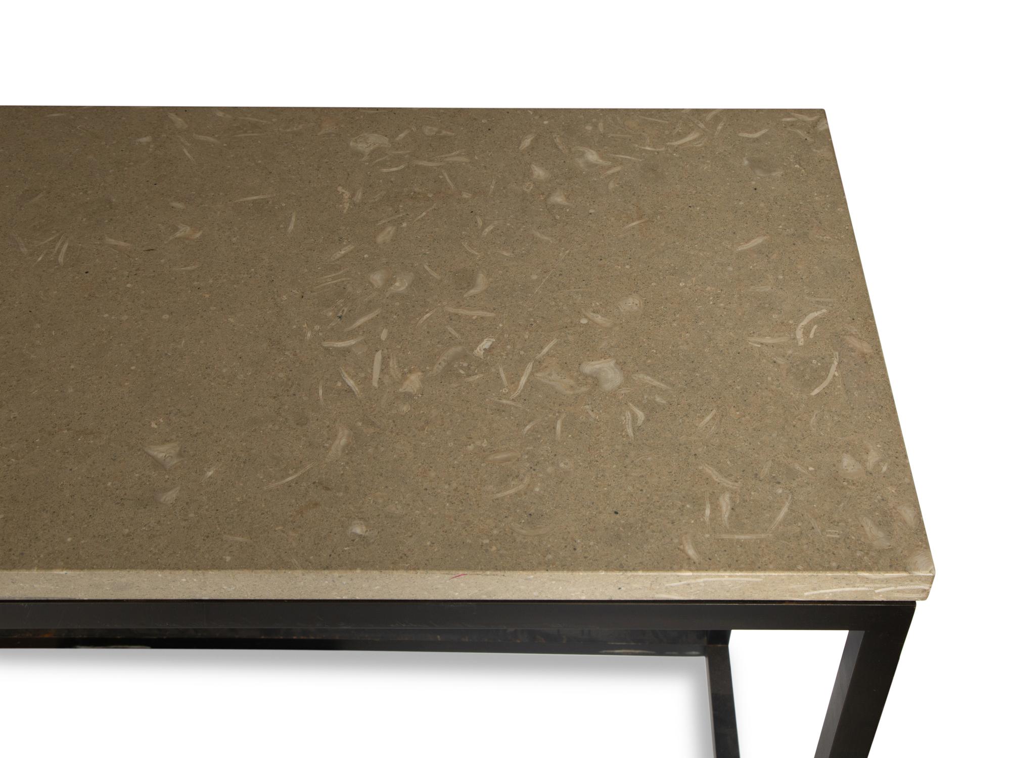 A Contemporary Steel Console Table with Fossilized Stone Top