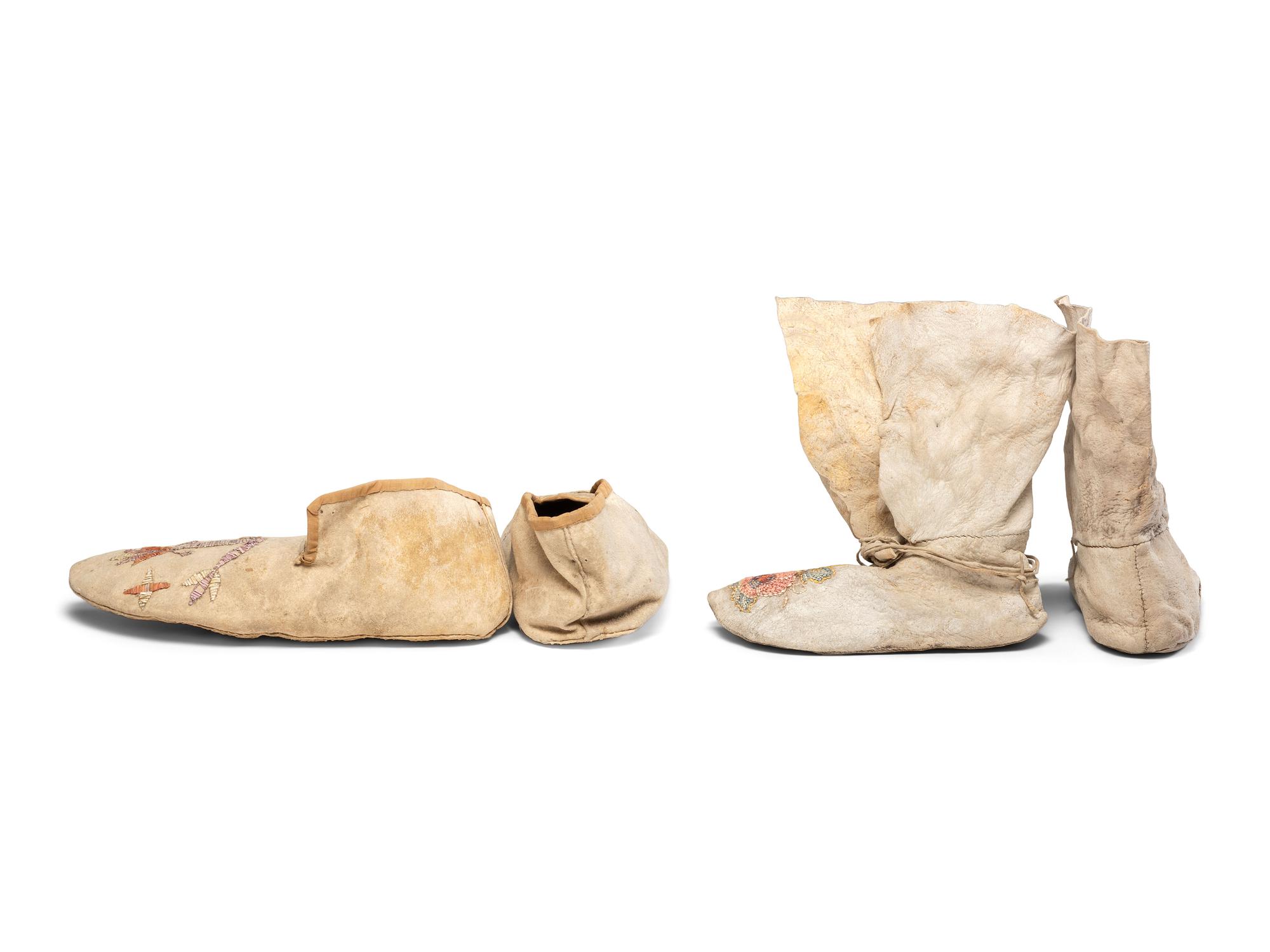 Santee Sioux and Shoshone Quilled Hide Moccasins