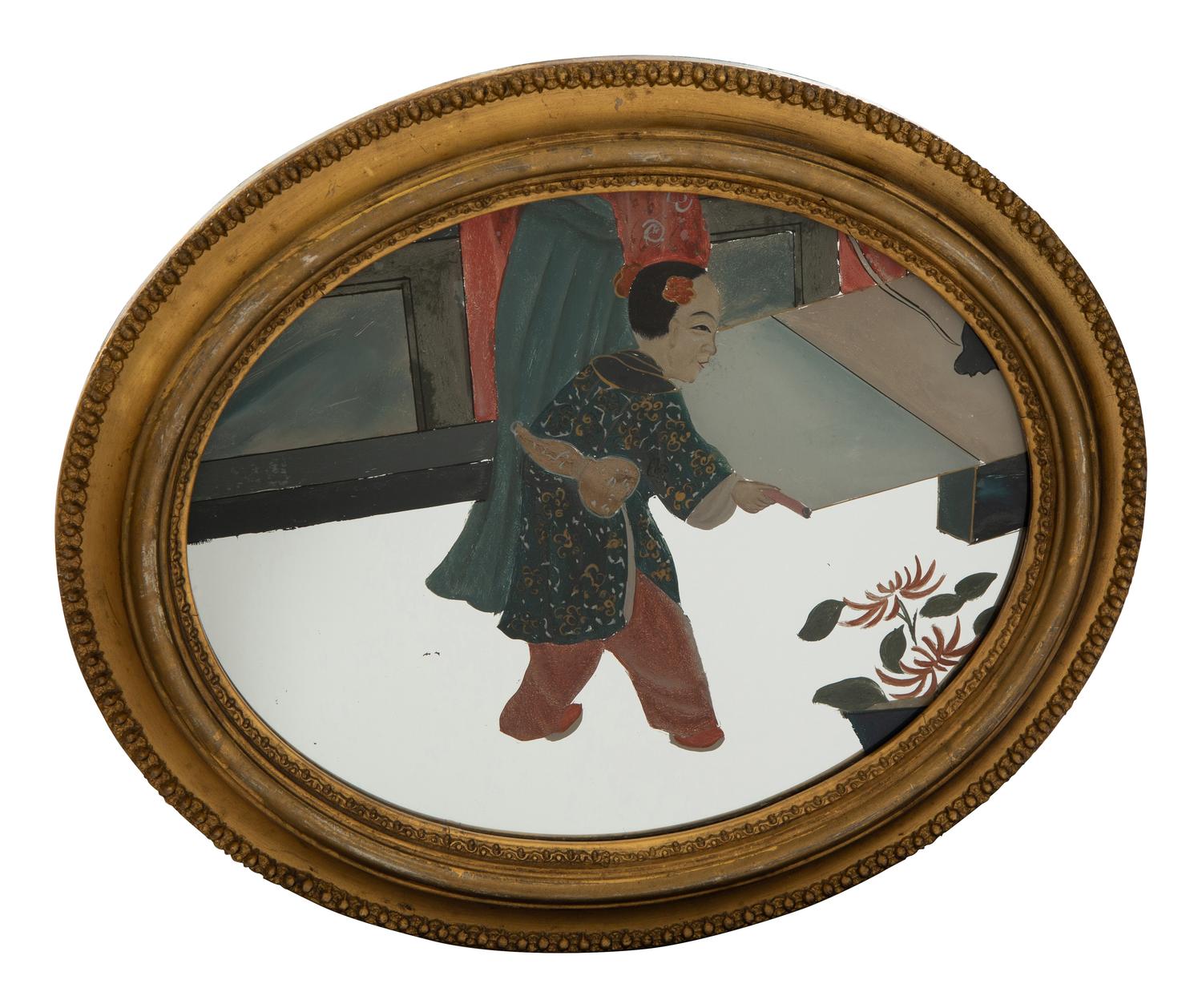 A Pair of Chinese Reverse Paintings on Mirrored Glass