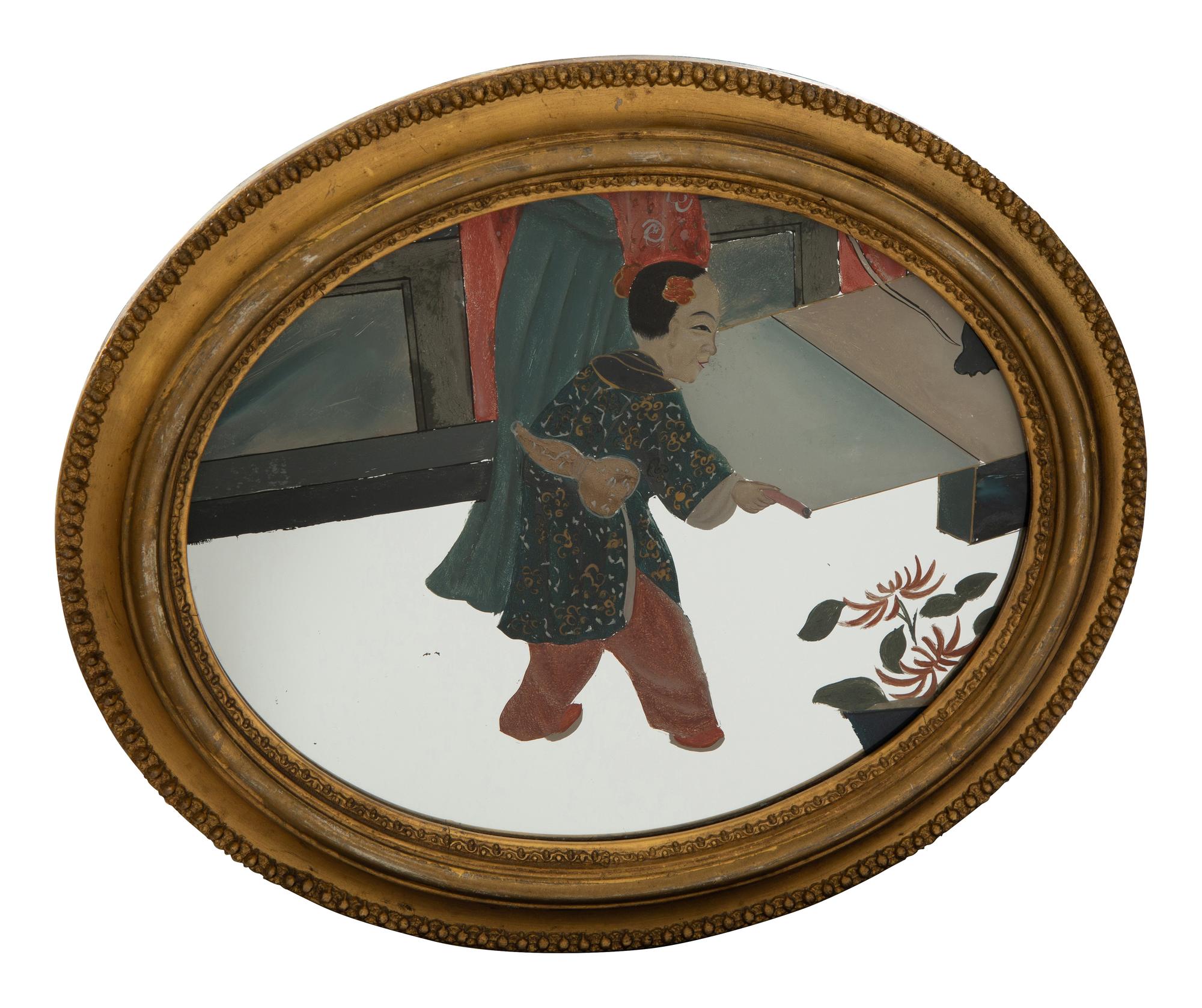 A Pair of Chinese Reverse Paintings on Mirrored Glass