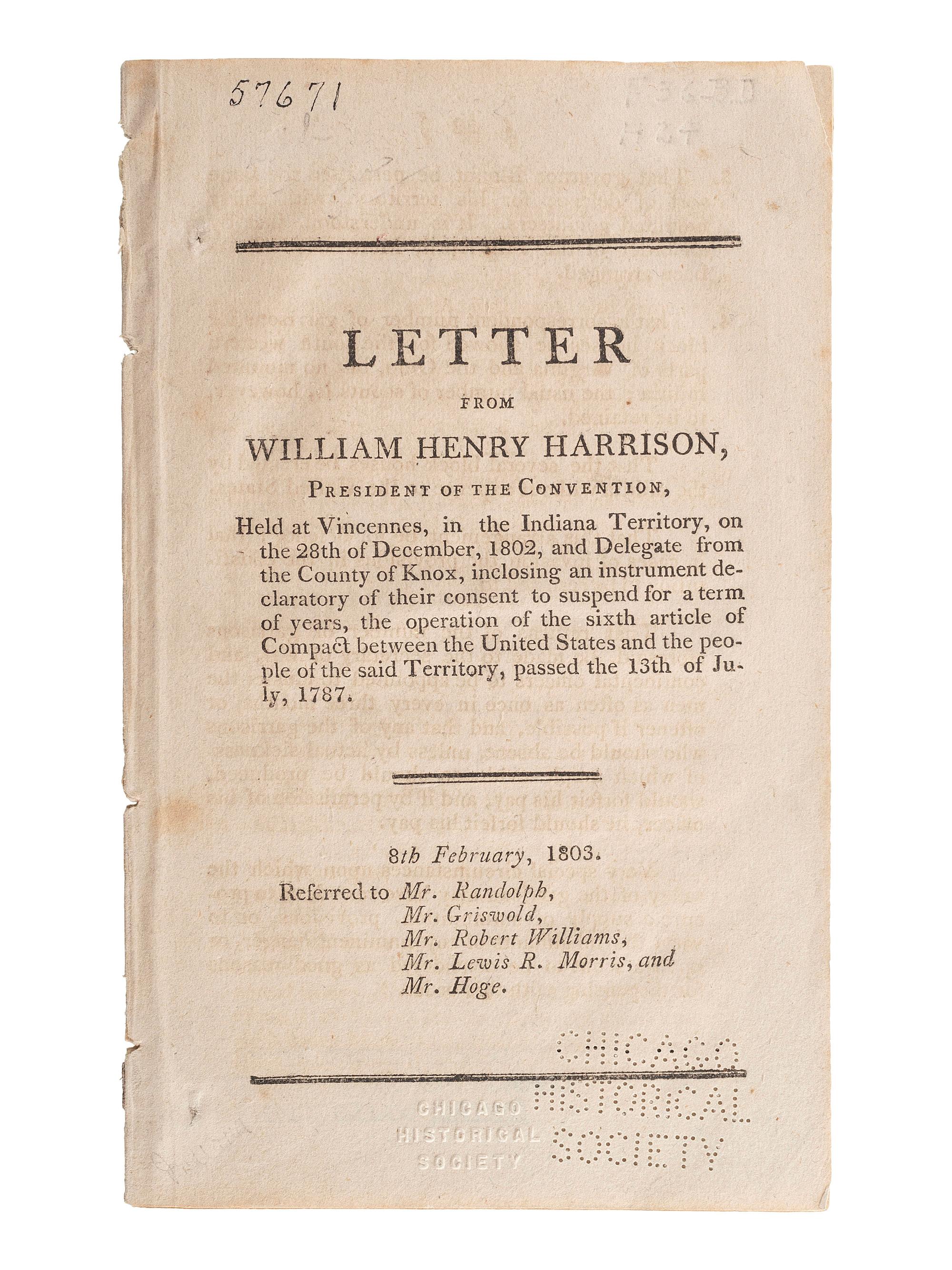 [HARRISON, William Henry (1773-1841)]. A group of pamphlets related to slavery, especially its expansion into Indiana, comprising: