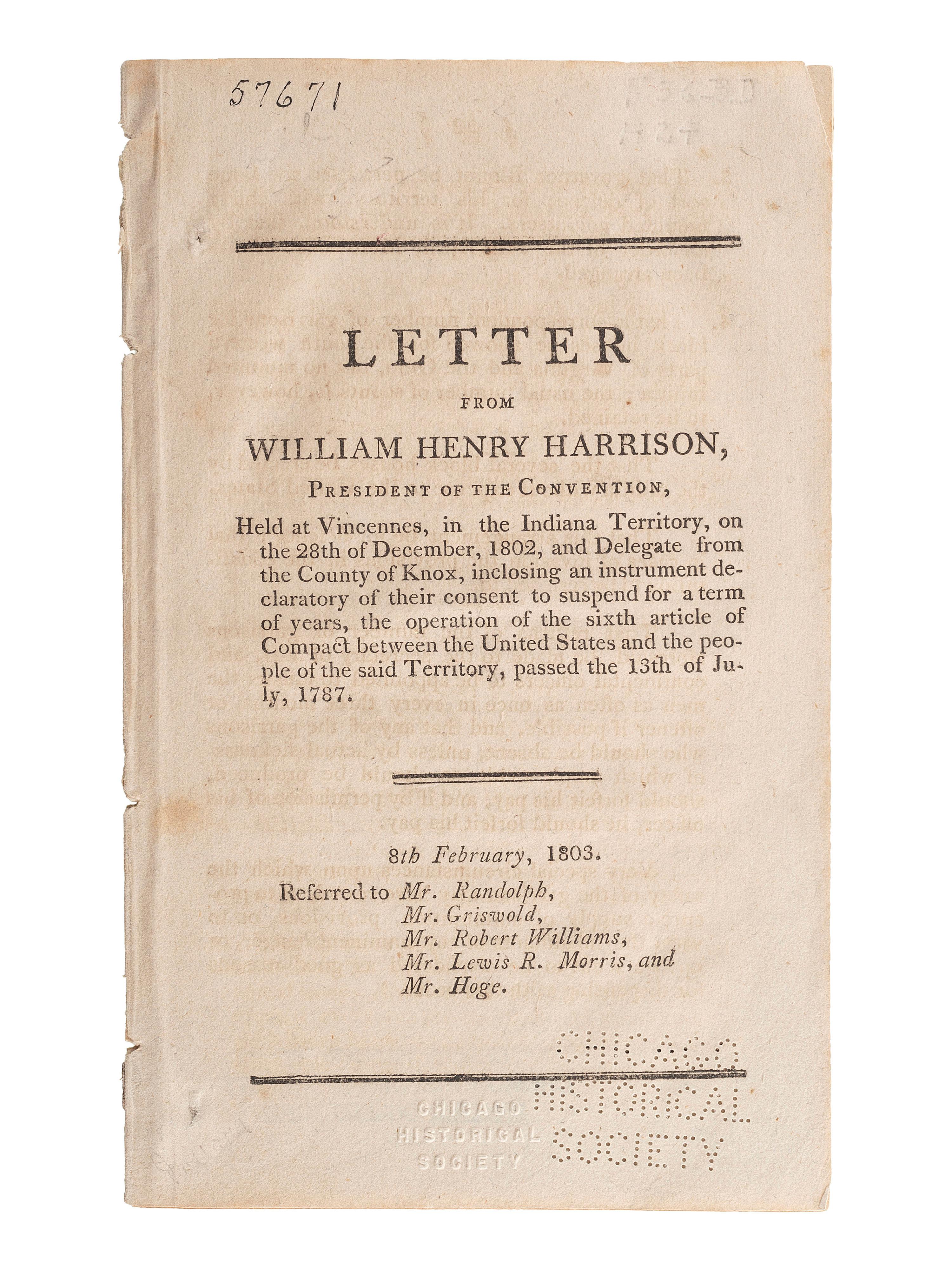[HARRISON, William Henry (1773-1841)]. A group of pamphlets related to slavery, especially its expansion into Indiana, comprising: