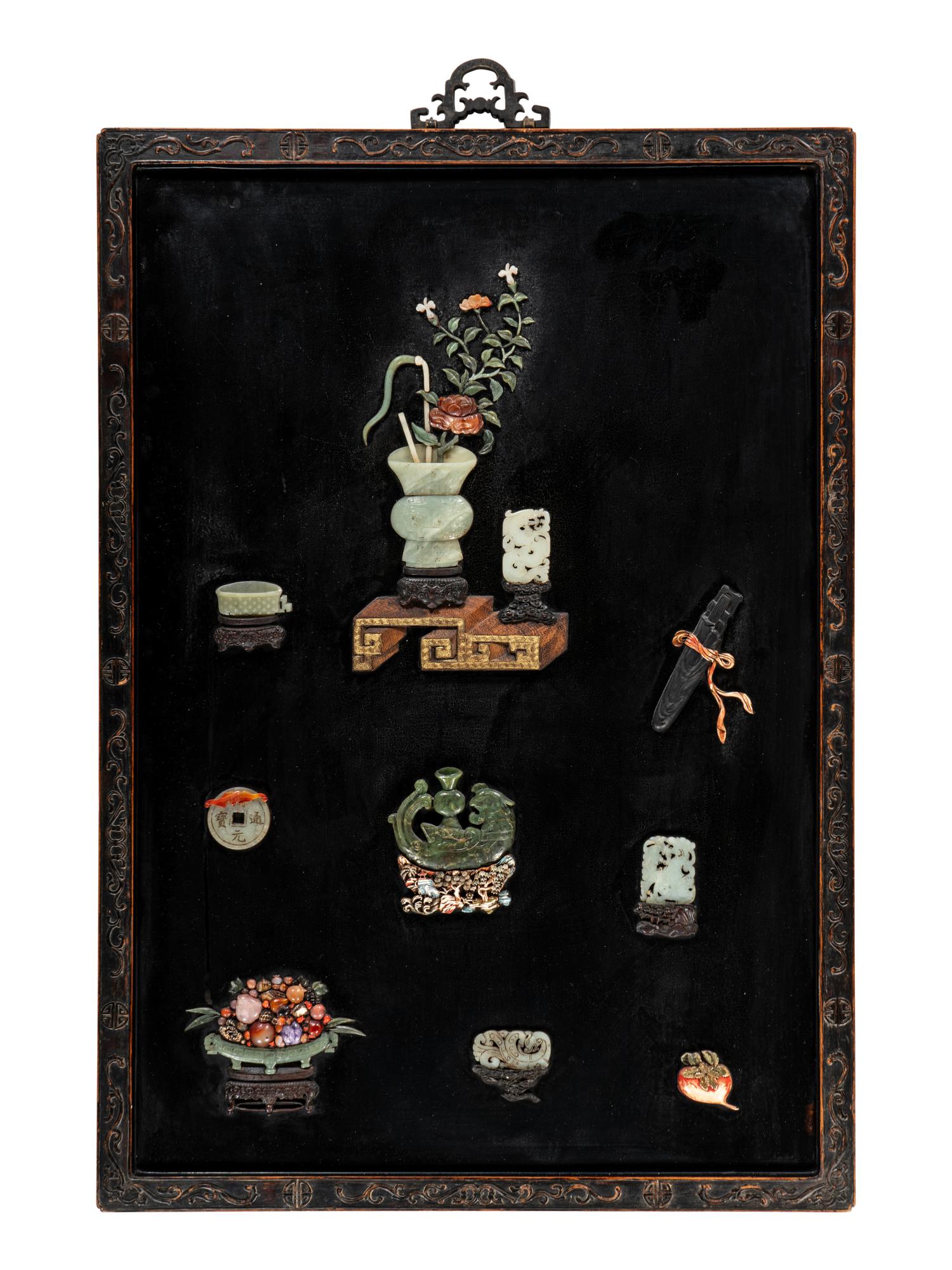 A Pair of Chinese Embellished Black Lacquered Wall Panels