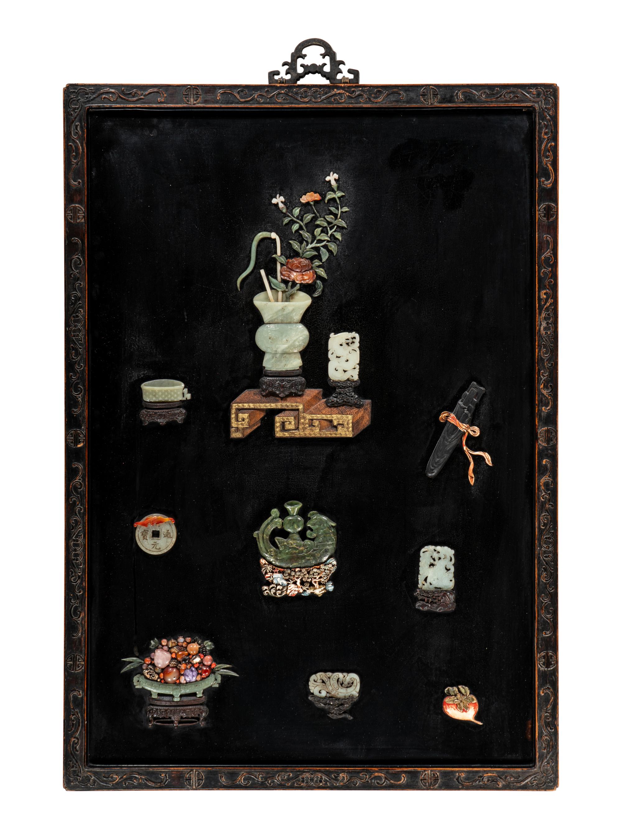A Pair of Chinese Embellished Black Lacquered Wall Panels