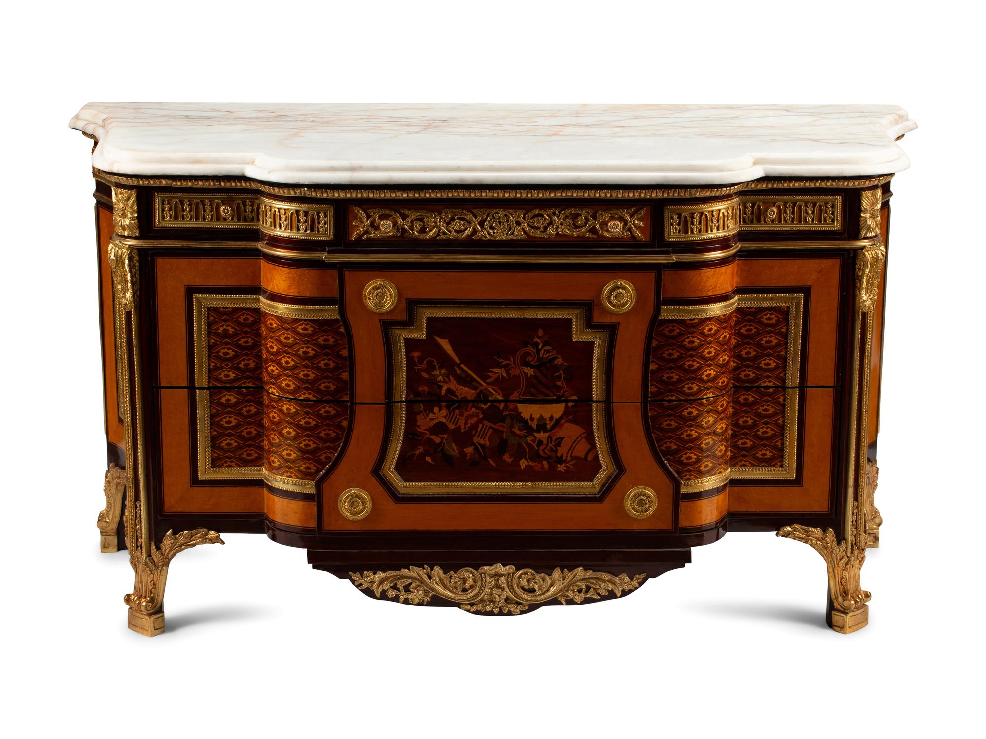 A Regence Style Marquetry Inlaid Gilt Bronze Mounted Marble Top Commode — 19TH CENTURY