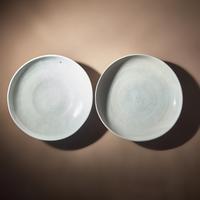 Two Large Chinese Incised Blanc-de-Chine Porcelain 'Floral' Dishes, 17th Century — 清早中期 德化白瓷暗刻花卉紋盤兩件