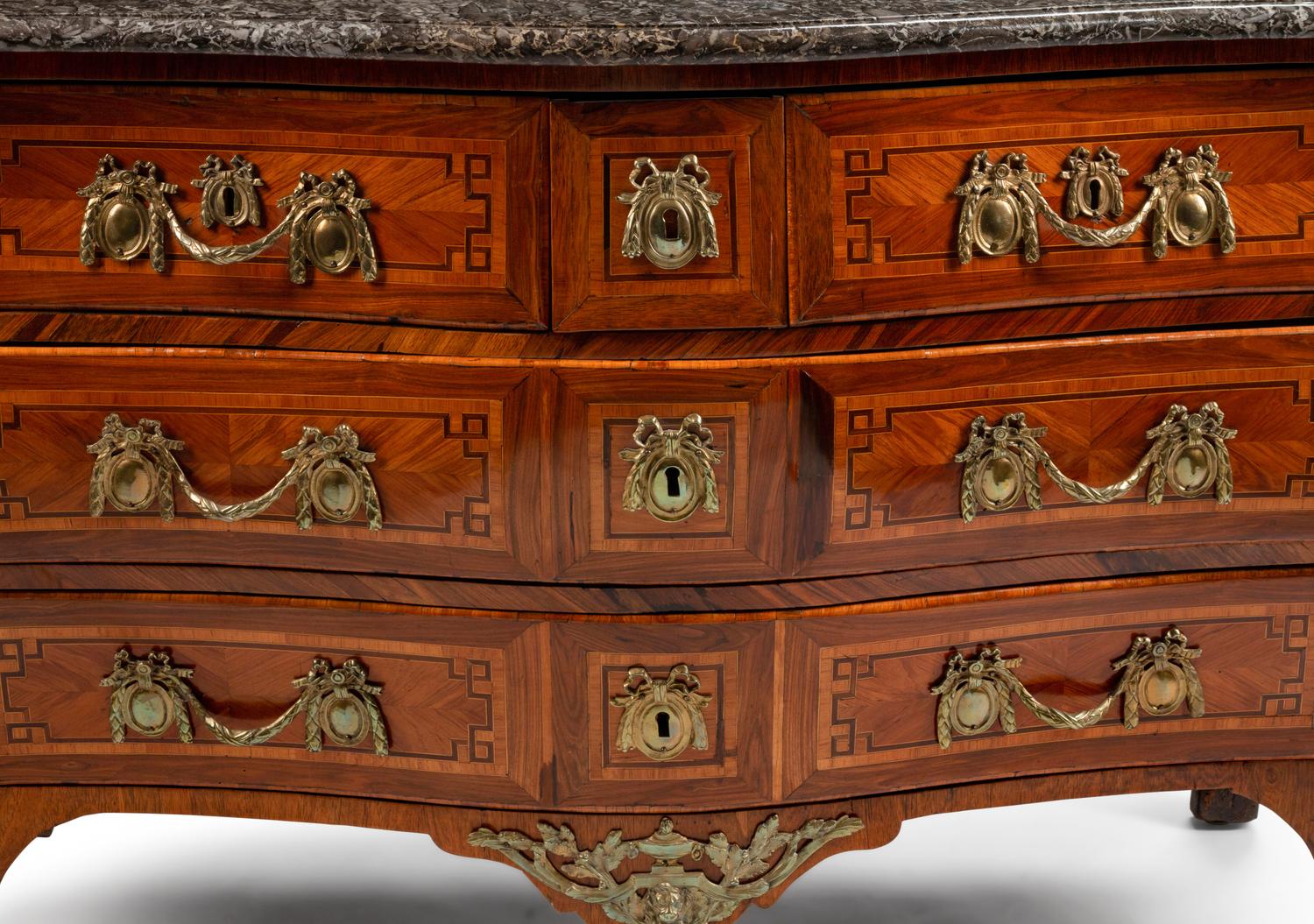 A Régence Gilt-Bronze-Mounted Inlaid Kingwood and Bois de Rose Commode