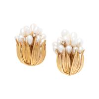 YELLOW GOLD AND CULTURED PEARL EARCLIPS