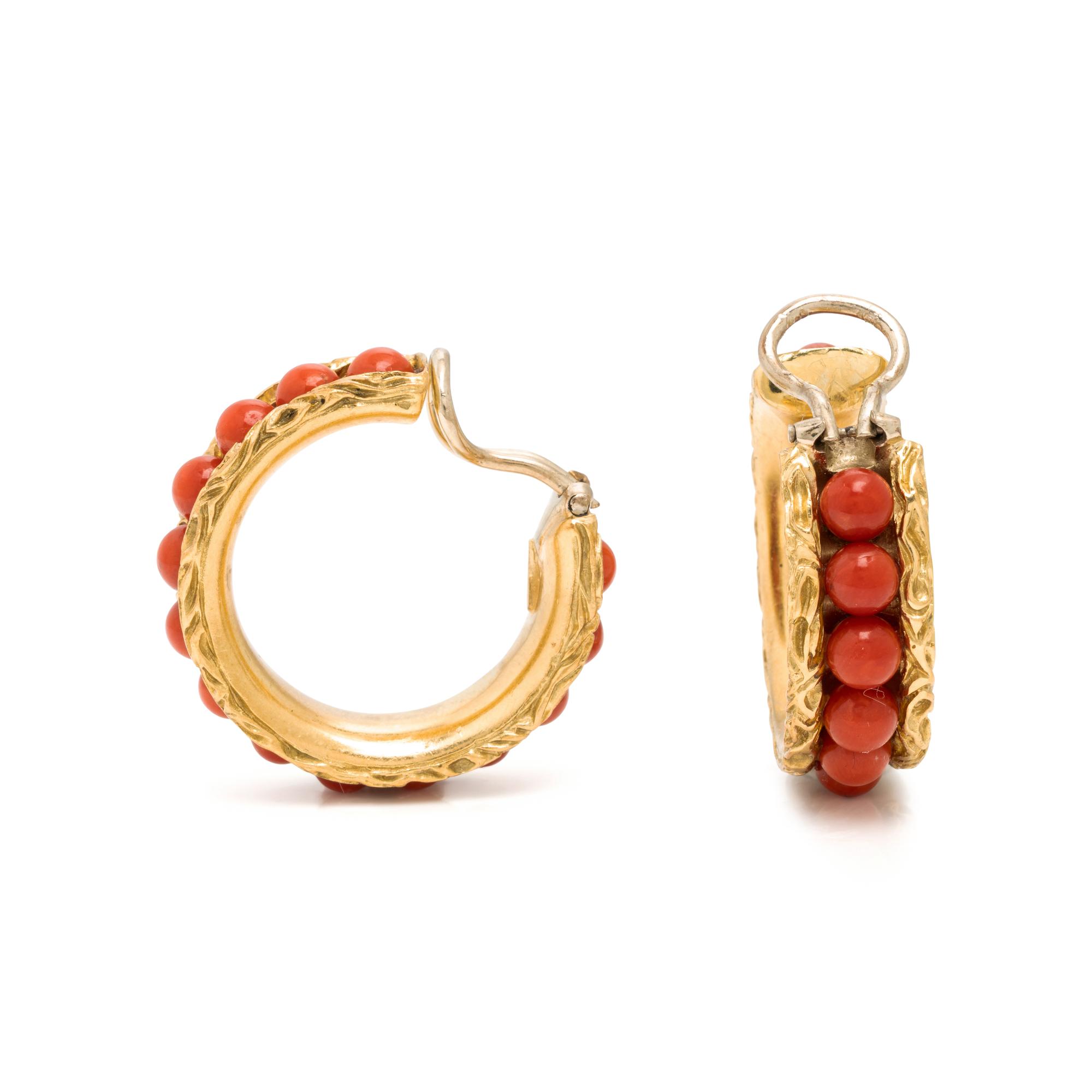 Coral and Yellow Gold Hoop Earrings