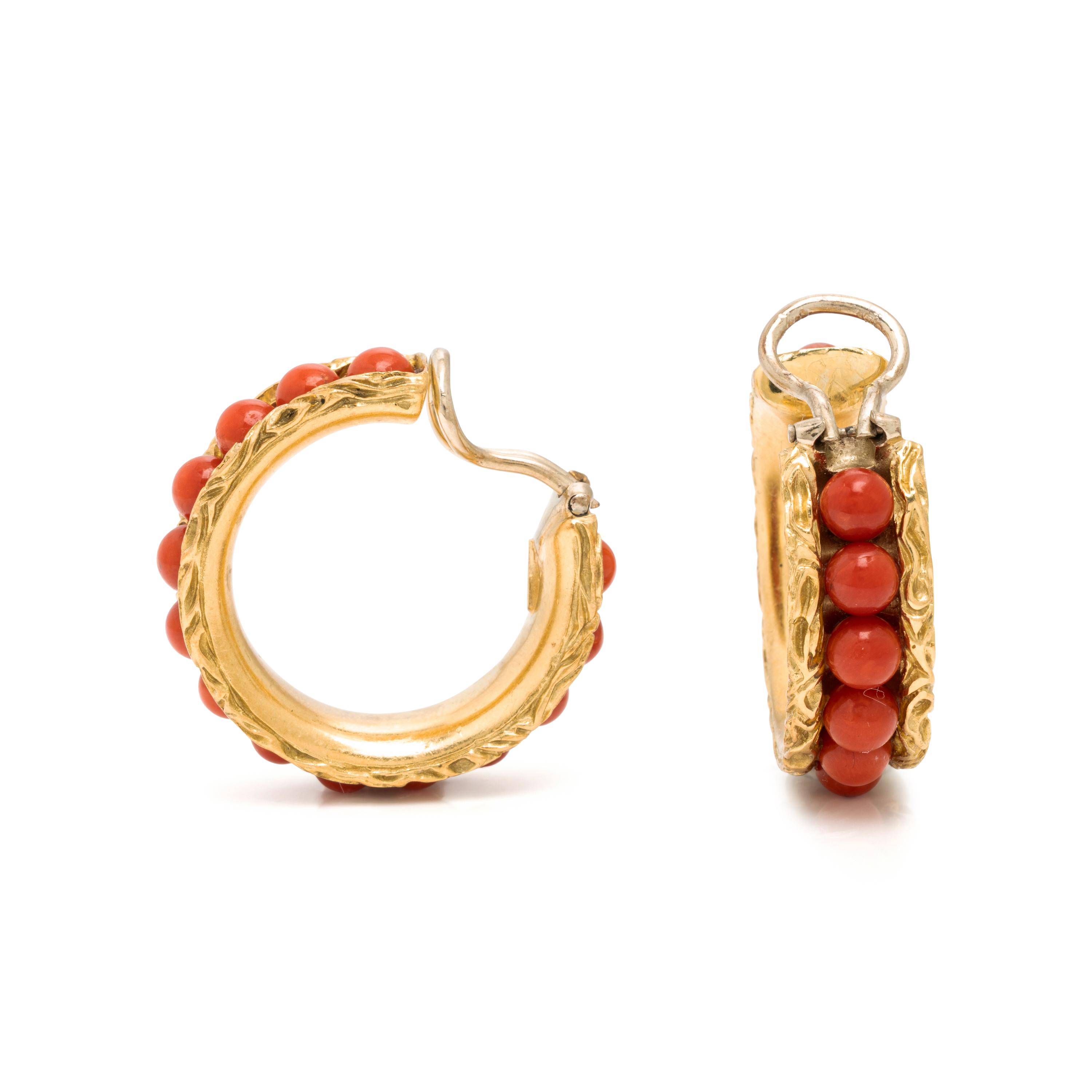 Coral and Yellow Gold Hoop Earrings