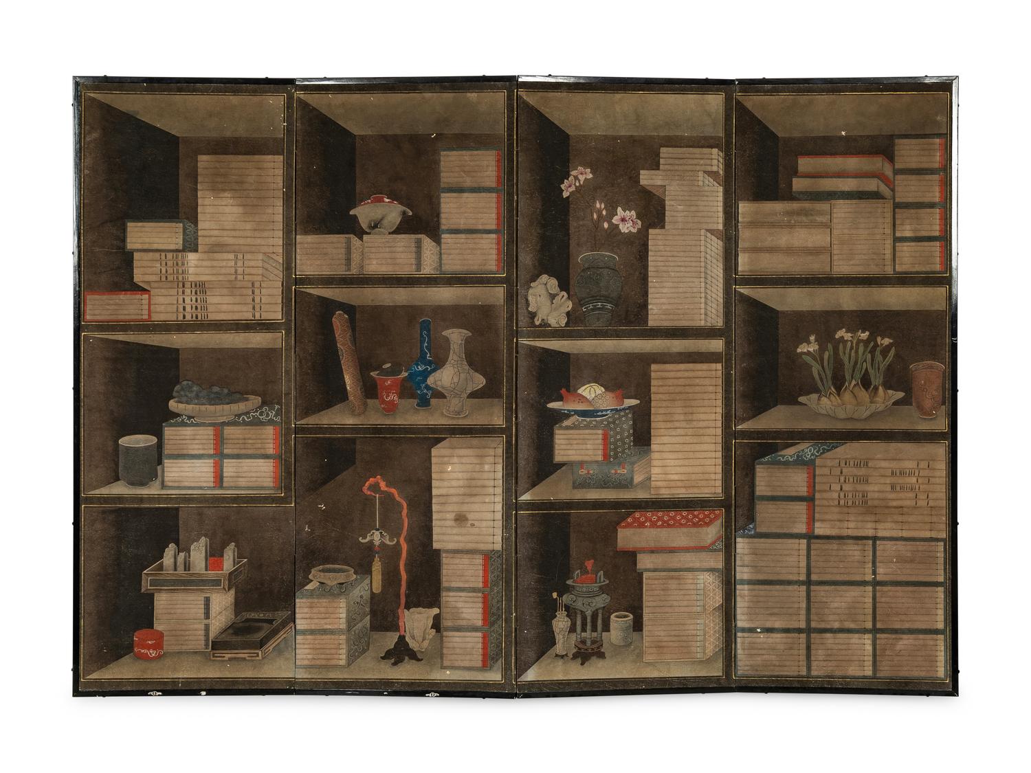 Attributed to Lee Taek-Gyun (Korean, 1808-after 1883) 李宅均（款） （朝鮮王朝，1808-1883以后） 《冊架圖》四扇屏