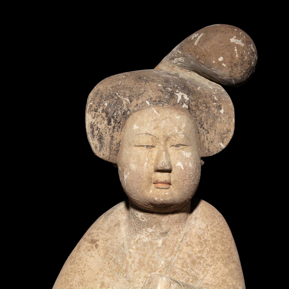 A Large Chinese Painted Pottery Court Lady, Tang Dynasty