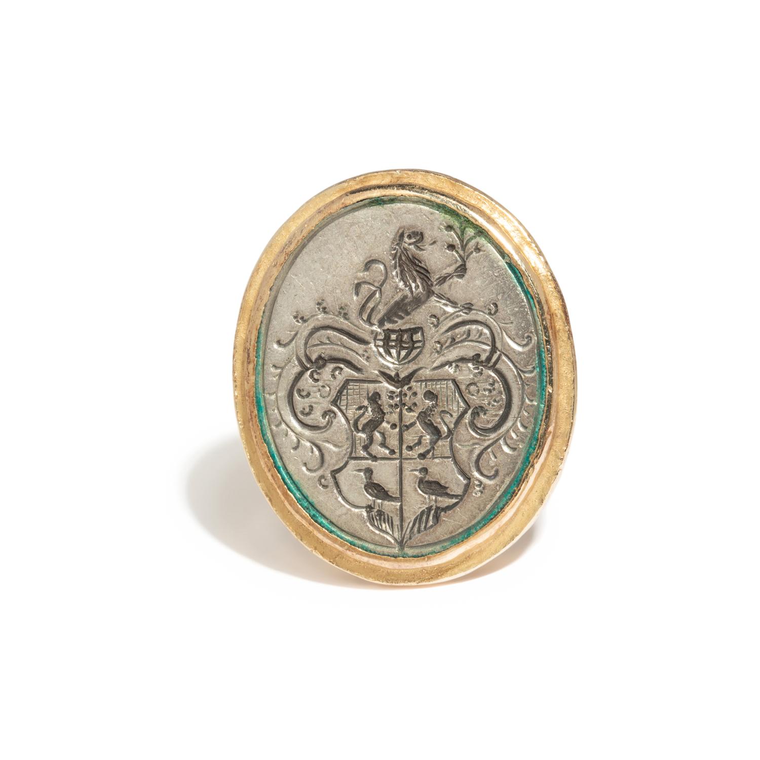 ED WIENER, YELLOW GOLD AND SILVER SIGNET RING