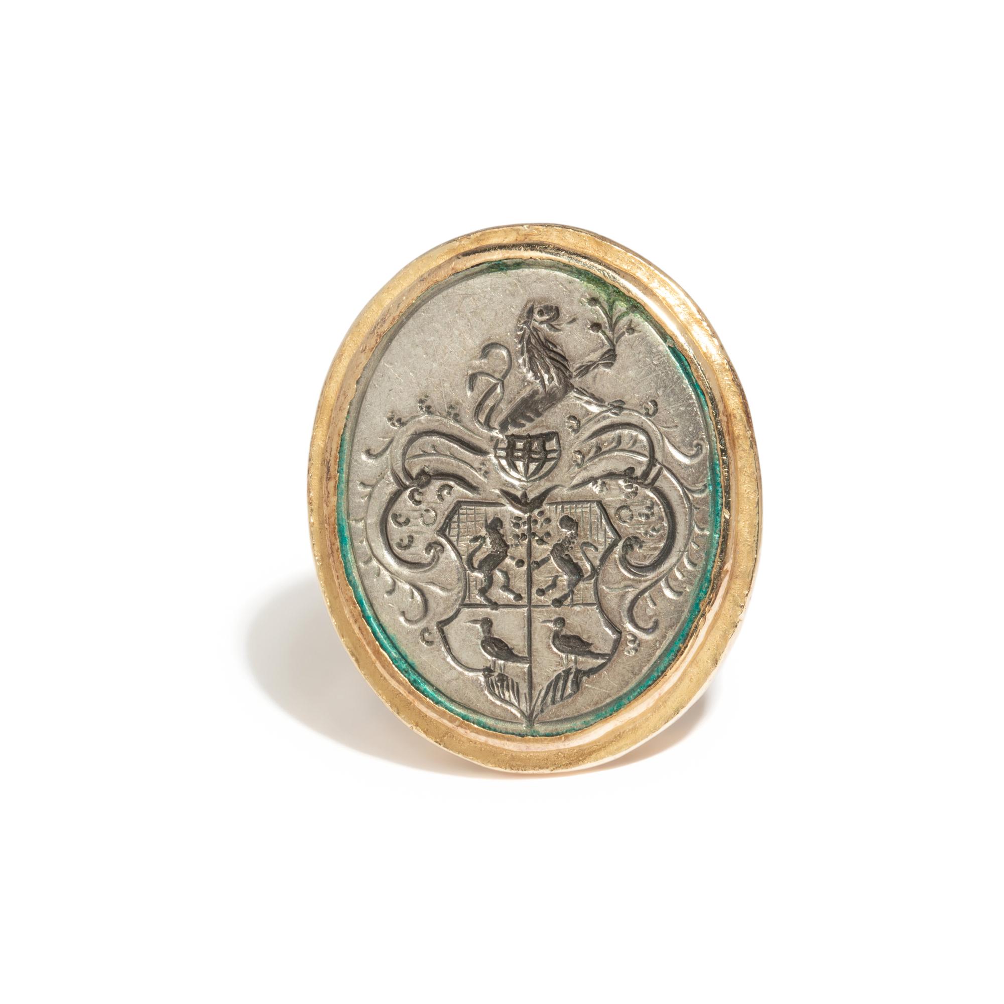 ED WIENER, YELLOW GOLD AND SILVER SIGNET RING