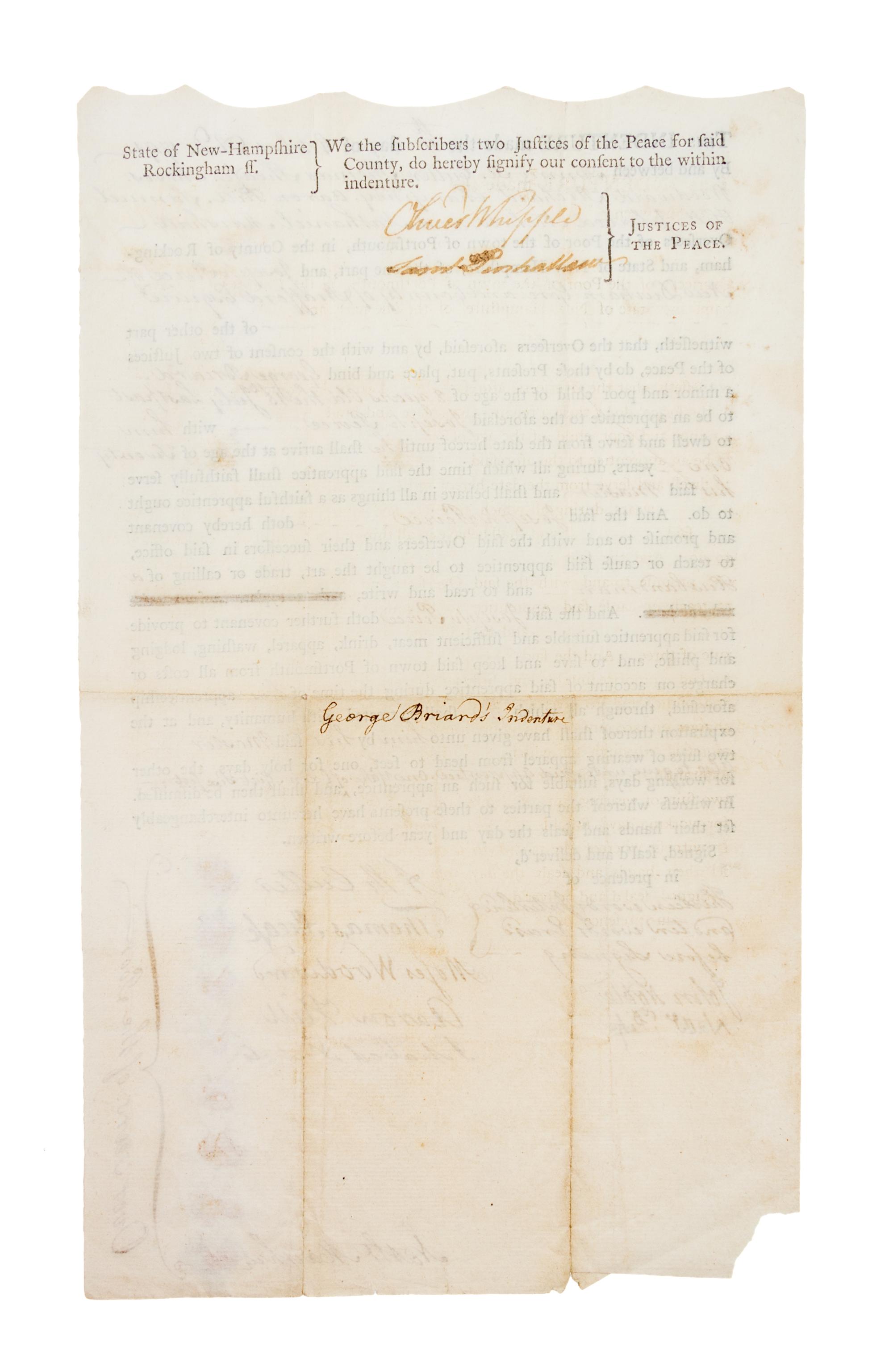 (NEW HAMPSHIRE) Partially printed document, indenture re: 8-yr old apprentice. Portsmouth, NH, 1794