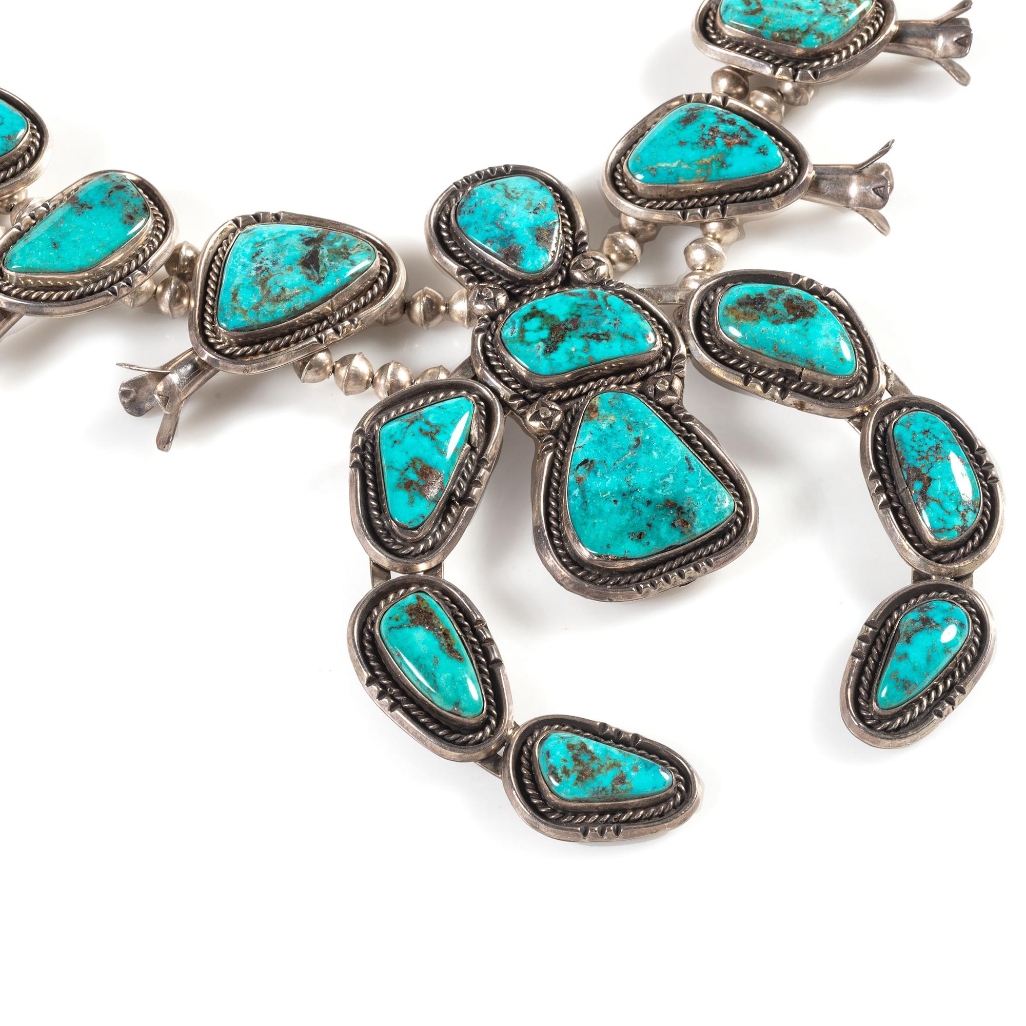 Large Navajo Silver and Turquoise Squash Blossom Necklace
