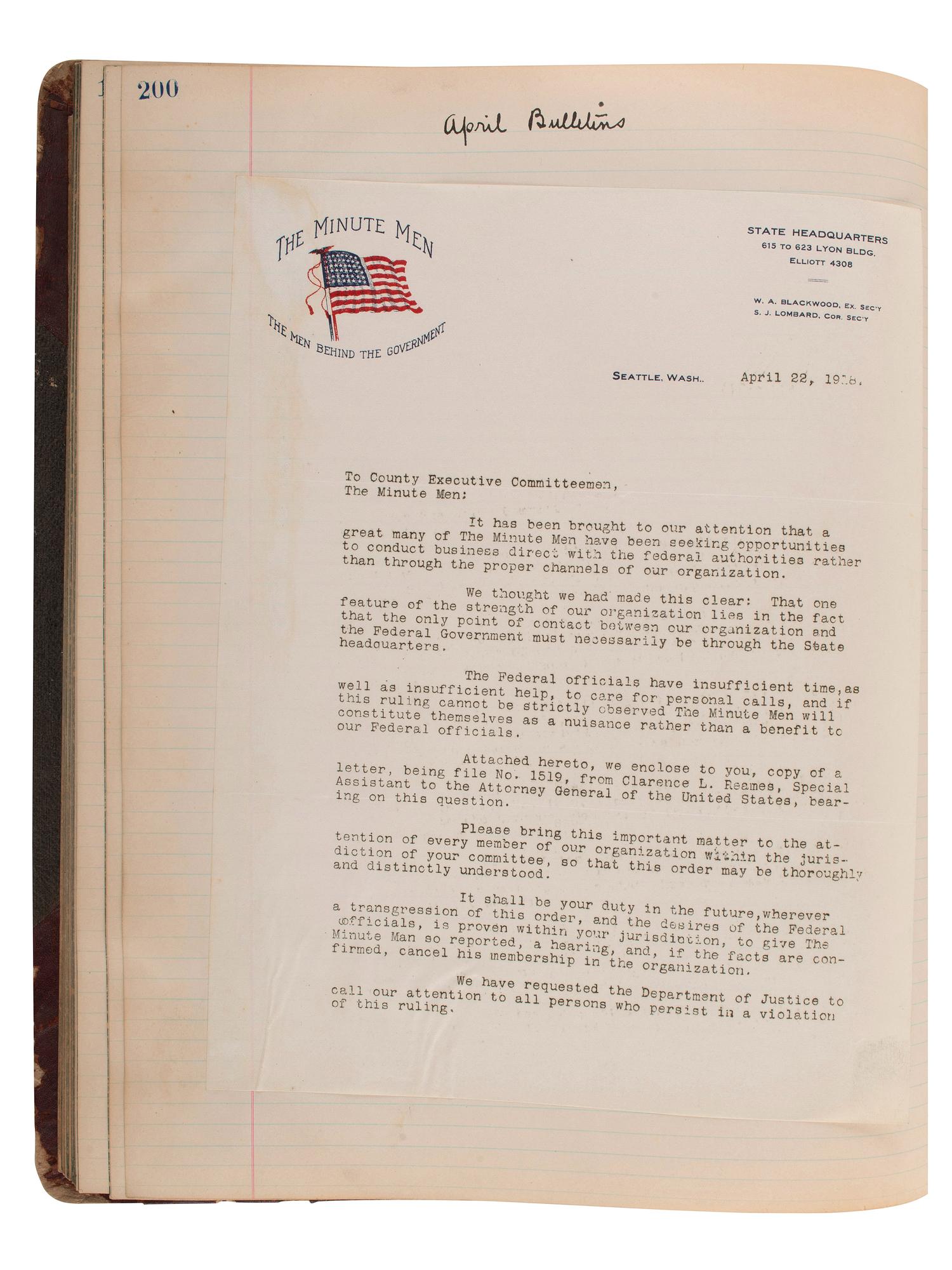 [WORLD WAR I -- ESPIONAGE]. A ledger and record book with documents from the Minute Men of Seattle.