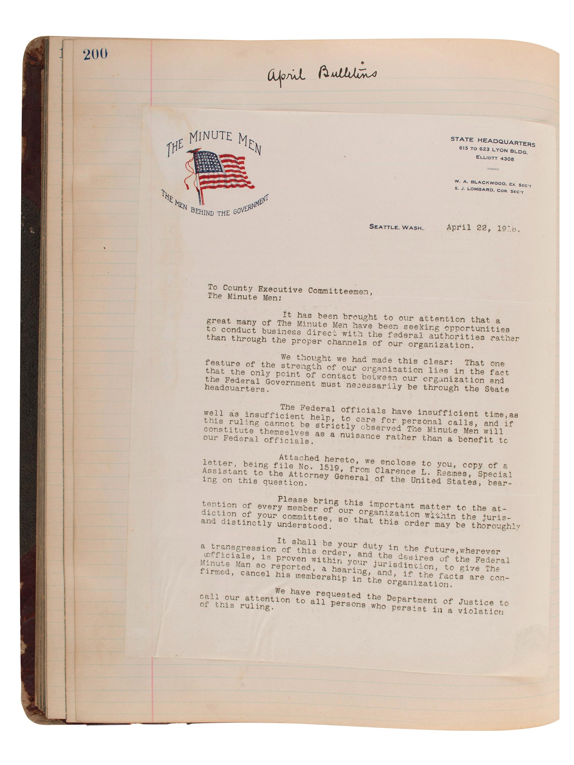 [WORLD WAR I -- ESPIONAGE]. A ledger and record book with documents from the Minute Men of Seattle.