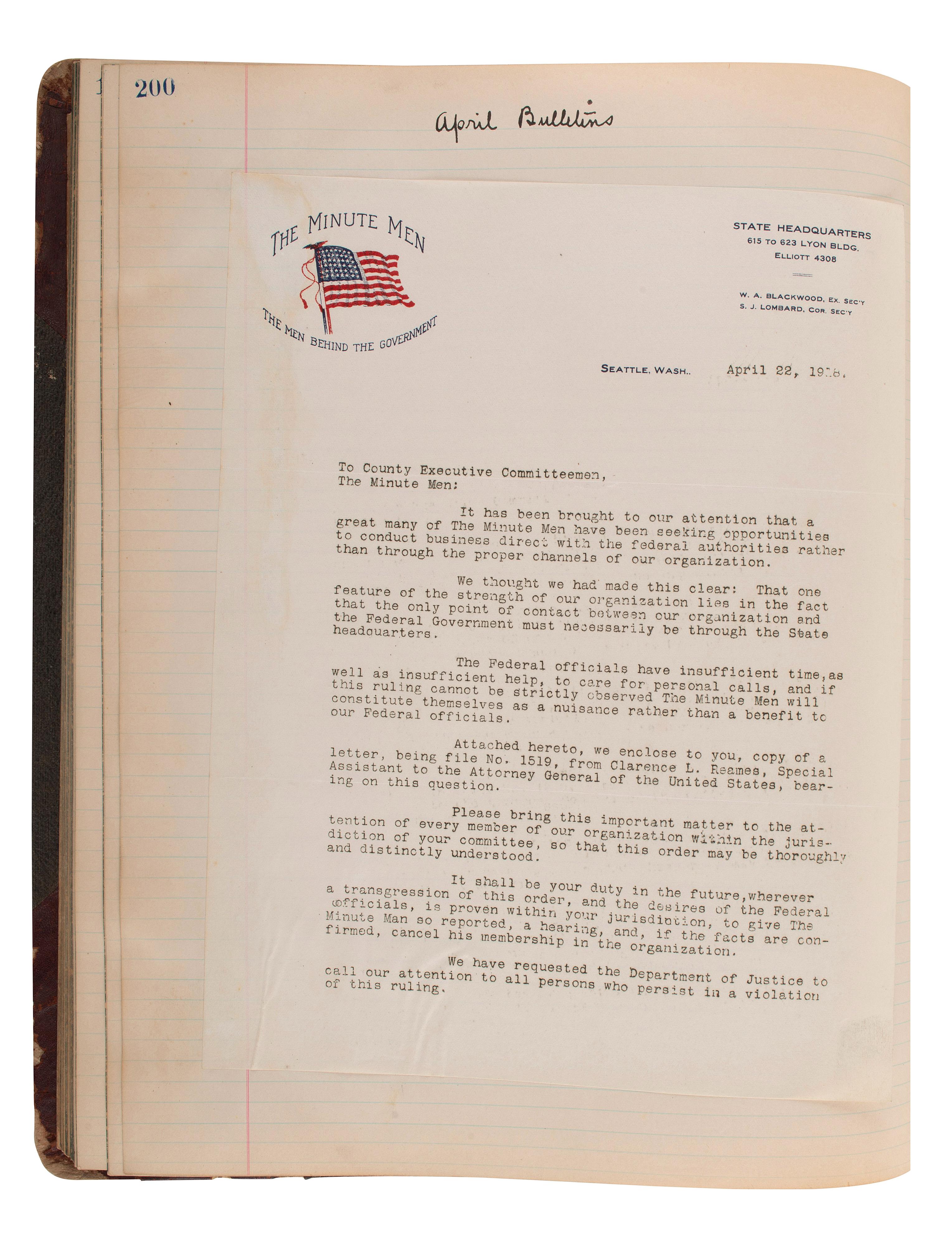 [WORLD WAR I -- ESPIONAGE]. A ledger and record book with documents from the Minute Men of Seattle.