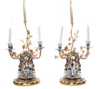 A Pair of German Porcelain Gilt Bronze Mounted Two-Light Candelabra, EARLY 20TH CENTURY, Height 31 inches. — EARLY 20TH CENTURY,