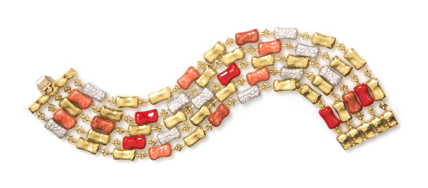 An 18 Karat Gold, Diamond and Polychrome Enamel Multistrand Bracelet, Italian, 53.50 dwts.