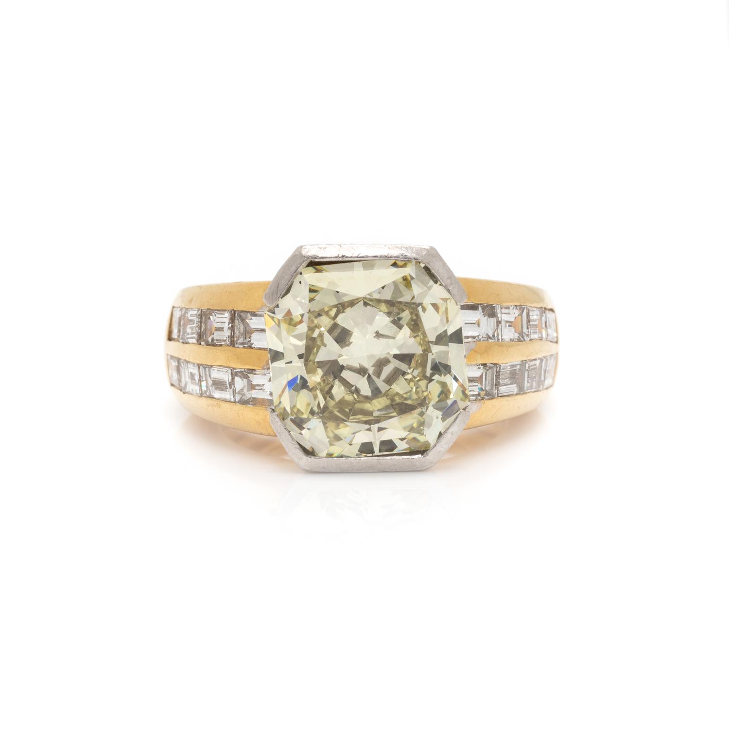 FRENCH, FANCY YELLOW DIAMOND AND DIAMOND RING