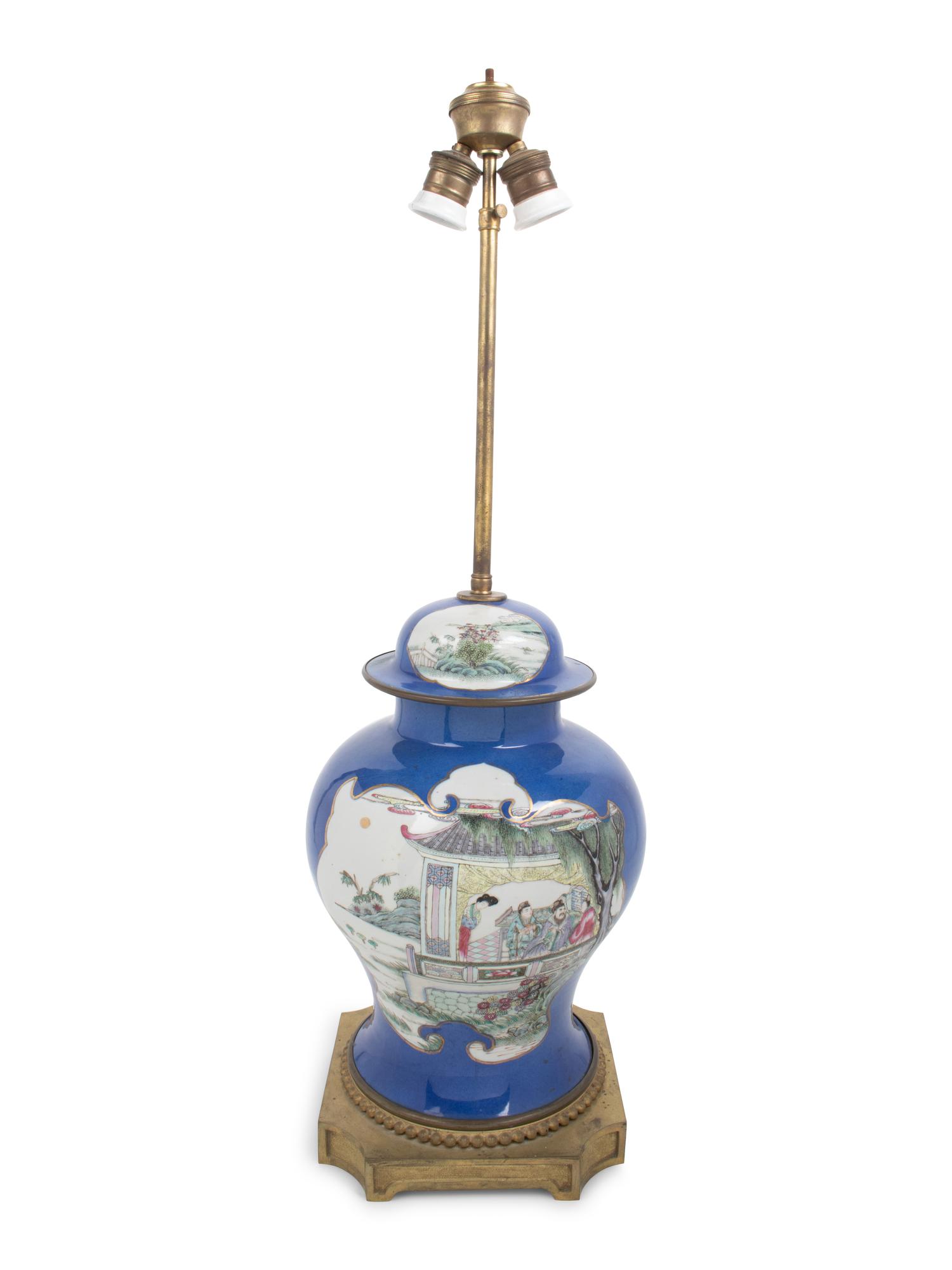 A Famille Rose Blue-Ground Porcelain Jar Mounted as a Lamp