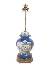 A Famille Rose Blue-Ground Porcelain Jar Mounted as a Lamp
