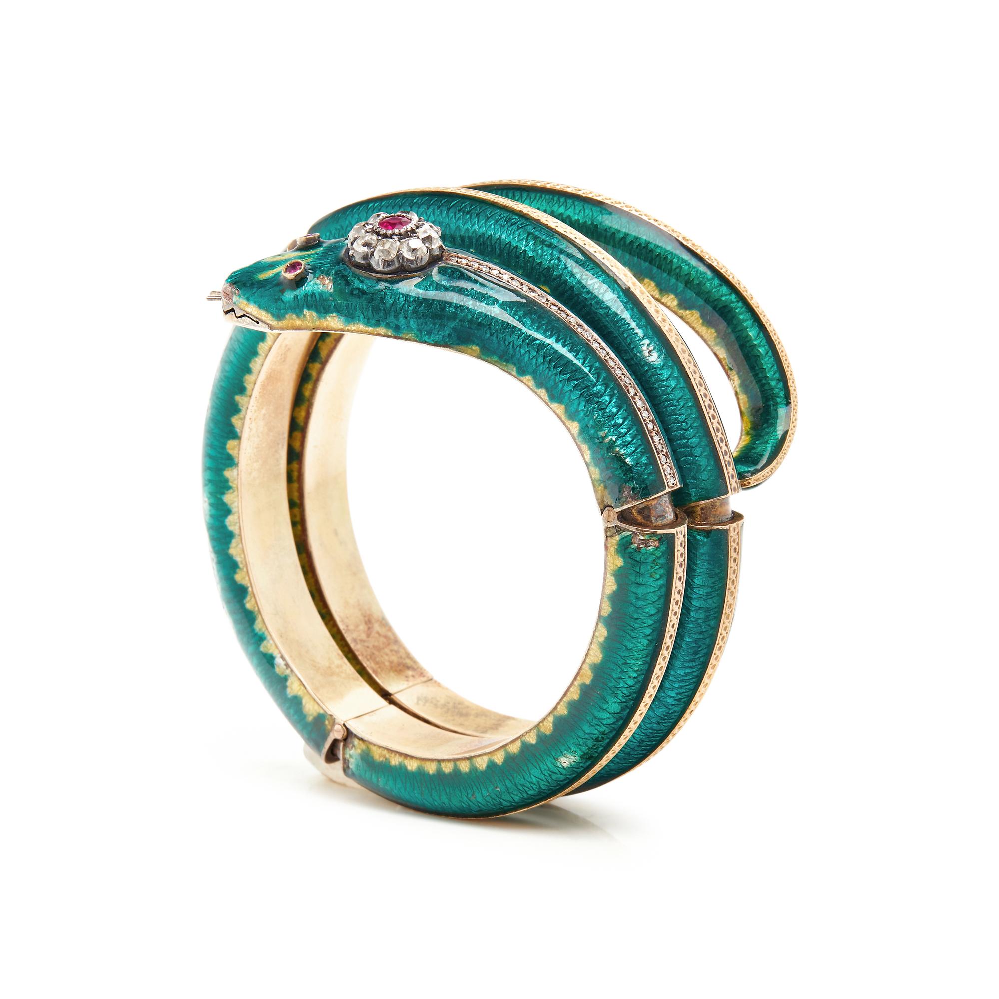 VICTORIAN, ENAMEL, RUBY, AND DIAMOND SNAKE BRACELET