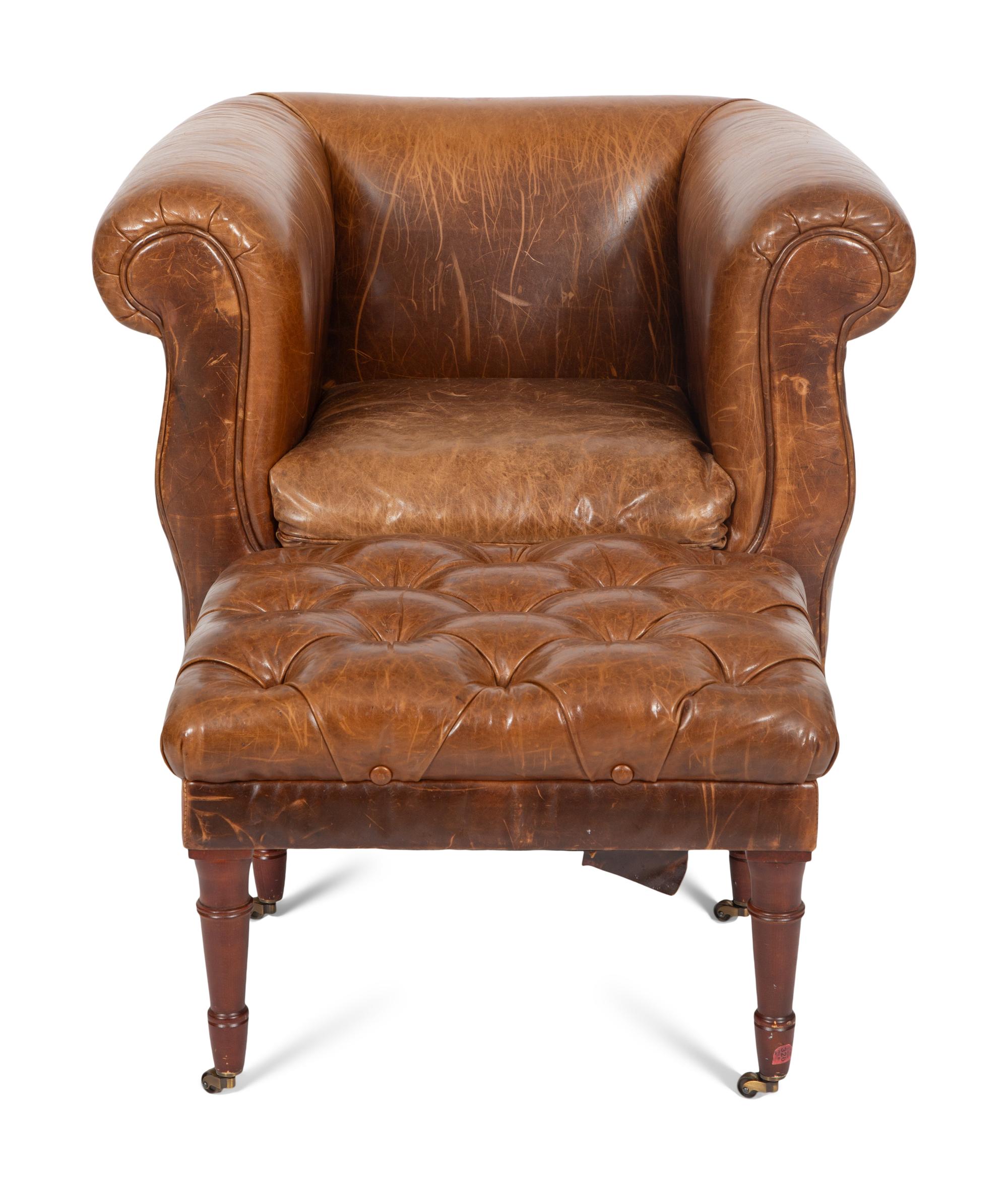 A Vanguard Furniture Leather Lounge Chair and Button Tufted Ottoman