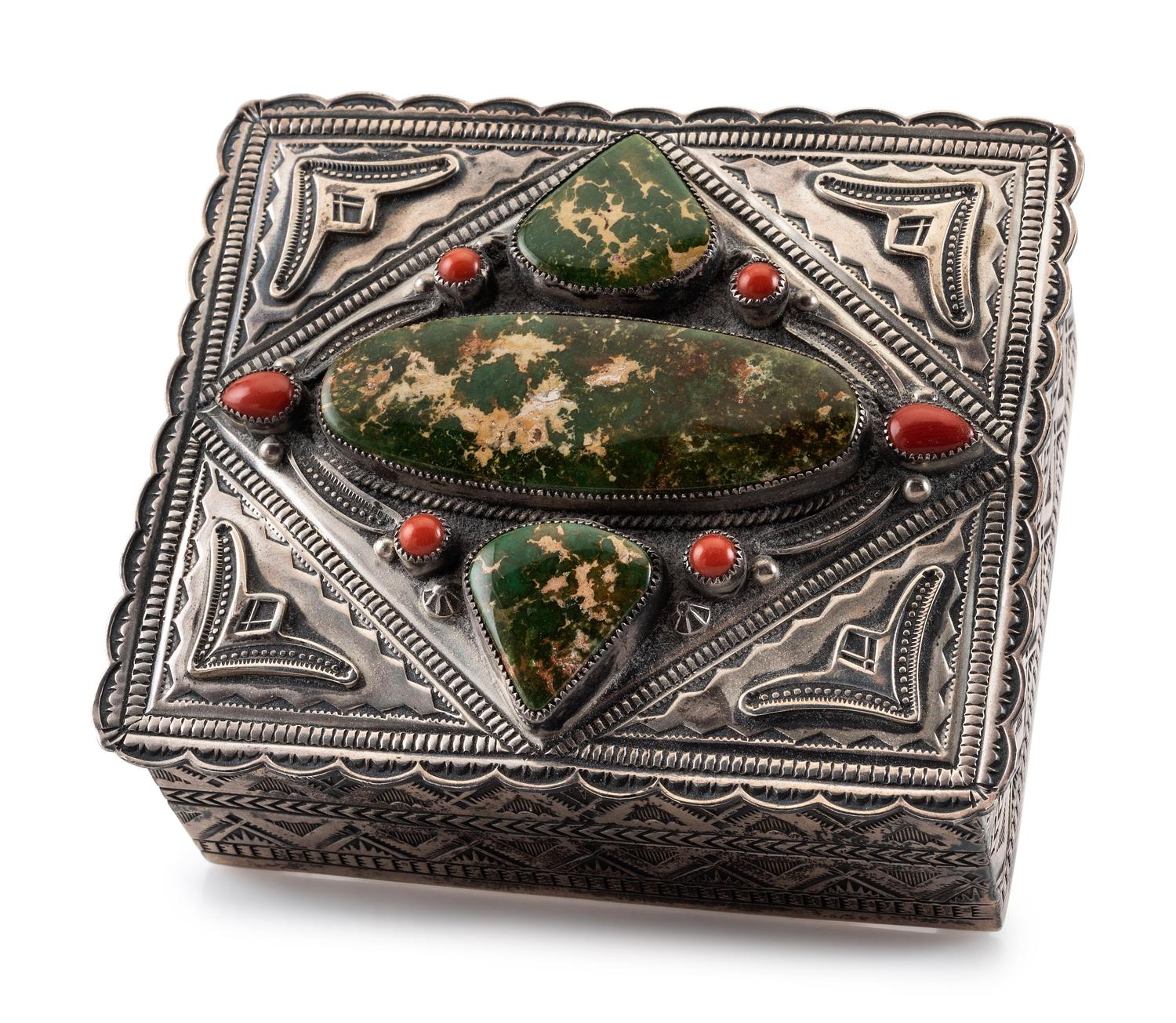Heavily Stamped Sterling Silver Lidded Box, with Turquoise and Coral Inlay